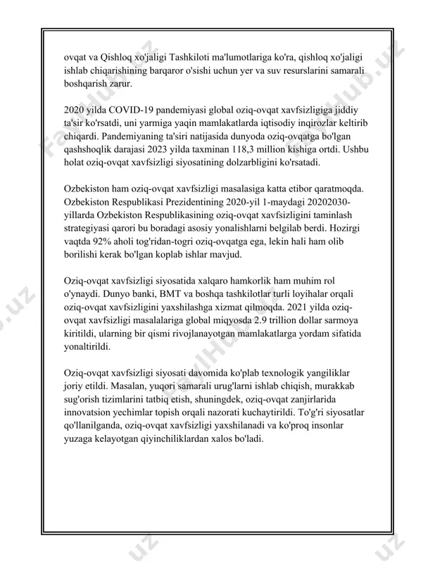 g umumiy qiymati 2020 yilda 25 milliard aqsh dollaridan oshgan. qishloq xo'jaligi ishchilarining soni esa 3,5 million nafardan ko'proqni tashkil etadi. bu esa mamlakat aholisining katta qismi qishloq xo'jaligiga bog'liq hayot tarzini olib borayotganini ko'rsatadi. o'zbekistonda qishloq xo'jaligida hosildorlikni oshirish uchun olib borilayotgan ishlar doirasida innovatsion rivojlanish va raqamli texnologiyalarni qo'llash muhim ahamiyat kasb etmoqda. shuningdek, agrosanoat kompleksini yanada rivojlantirish uchun chet el investitsiyalarini jalb qilish, logistika infratuzilmasini yaxshilash va eksport salohiyatini oshirishga ham e'tibor qaratilgan. bu omillar dehqonchilikda hosildorlik masalalarining muvaffaqiyatli yechilishiga xizmat qilishi bilan birga, o'zbekiston qishloq xo'jaligidagi raqobatbardoshlikni oshirishga hissa qo'shadi. muammolar sifatida esa, irrigatsiya tizimlarining rivojlanmaganligi, yer va suv resurslarining cheklanganligi va yerlarning tuzlanishi kabi masalalar tilga olinishi mumkin. shu bois, qishloq xo'jaligida barqaror rivojlanishni ta'minlash uchun uzluksiz islohotlar va yangi yondashuvlarni joriy qilish lozim. 3. qishloq xo'jaligi mahsulotlarini eksport va import qilish qishloq xo'jaligi mahsulotlarini eksport va import qilish mavzusiga oid statistik ma'lumotlar va faktlar: …