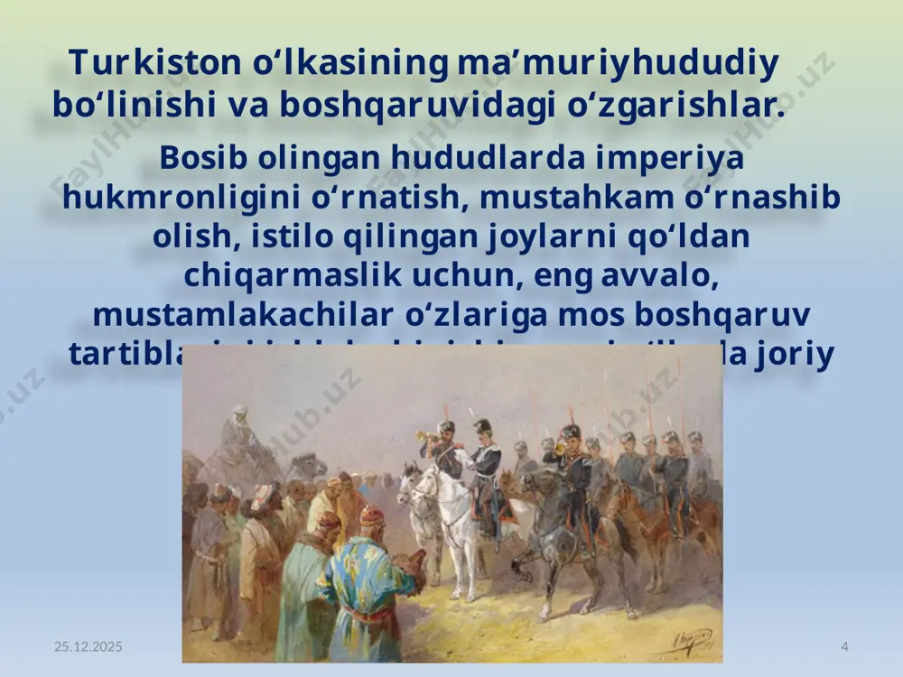 biga kiritildi. qurama uyezdining nomi toshkent uyezdi deb o‘zgartirildi. 15.02.2023 http://aida.ucoz.ru 15 bu vaqtgacha vaqf mulkidan olingan daromadlar maktablar, madrasalar va masjid binolarini ta’mirlashga, xodimlarini moddiy ta’minlashga, diniy marosimlarni bajarishga, kerakli buyumlar olishga (gilam, joynamoz, diniy kitob) va boshqa tadbirlarga sarflangan. vaqf yerlari (masjid, madrasa va boshqa diniy muassasalarga tegishli yerlar) ayni vaqtda yashab va yerga ishlov berayotgan kishilarga ijaraga berilar edi. 15.02.2023 http://aida.ucoz.ru 16 yangi vaqf hujjatlarini tasdiqlash faqat general-gubernator roziligi bilan davlat soliqlari va majburiyatlaridan ozod qilmasdan amalga oshirilgan. vaqf hujjatlarini e’tirof etish, vaqf daromadlarining to‘g‘ri ishlatilishi ustidan nazorat qilish va ularni taftish qilish huquqi viloyat ma’muriyati ixtiyoriga o‘tkazildi. vaqf mulklarini nazorat qilish mustamlakachi hukumat vakillari qo‘liga o‘tishi bilan masjidlar va maktablarning moddiy ahvoli yomonlashdi. 15.02.2023 http://aida.ucoz.ru 17 rossiya sanoati tomonidan ishlab chiqarilgan uy-ro‘zg‘or buyumlari, ayniqsa, to‘qimachilik mahsulotlari bilan o‘rta osiyo bozorlarining to‘ldirilishi natijasida hunarmandchilikning ko‘plab turlari inqirozga uchradi. bu vaqtga kelib iqtisodiy qiyinchiliklar, yashash sharoitining yomonligi, soliqlarning …