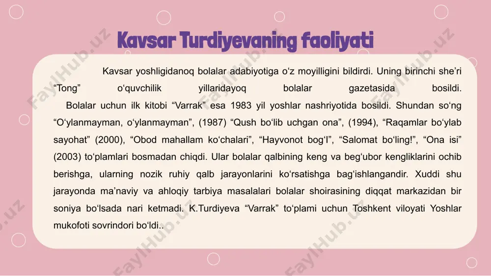or toshkent pediatriya tibbiyot institutida bolalarning sevimli shoirasi, olima va tarjimon kavsar turdiyevaning 65 yillik yubileyiga bag‘ishlangan ma’naviy-ma’rifiy tadbir bo‘lib o‘tdi. o‘zbekiston yozuvchilar uyushmasi tomonidan tashkil etilgan ushbu tadbir chinakam she’riyat bayramiga aylandi. tadbirda ta’kidlanganidek, kavsar turdiyeva o‘zbek bolalar adabiyotining zabardast, ham kamtarin, zahmatkash vakilasidir. kavsar turdiyeva kitoblari kavsar turdiyeva hayot yo’li haqida keyingi sahifadagi videorolik orqali batafsil tanishishingiz munkin. "sport" qo'shig'i. kavsar turdiyeva she’ri. xurshida hasanova musiqasi ijrosida kulangan qo’shiqni keying lavhada ko’rishingiz mumkin i s f e’tiboringiz uchun raxmat image1.png image2.jpeg image3.jpeg image4.jpeg image5.jpeg image6.jpeg image7.jpeg image8.jpeg image9.jpeg image10.png image11.png image12.jpeg image13.jpeg image14.jpeg image15.jpeg image16.jpeg media1.mp4 image17.png media2.mp4 image18.png