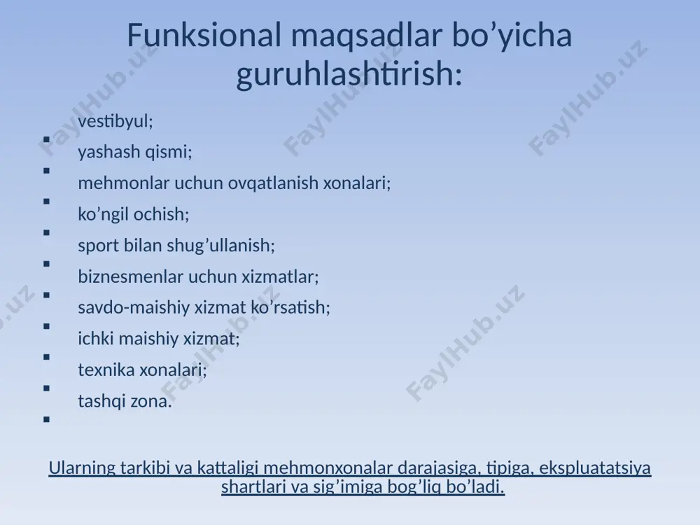 erlar 18 sanitariya qismi 25 umumiy vestibyul 16 zinapoya maydoni 16 garderob 18 mеhmonxona koridorlarida tabiiy yorug’likka bo’lgan talablar koridor uzunligi, metrda tabiiy yorug’lik 12 gacha bo’lmasligi mumkin 12-24 bir tomondan yorug’lik tushishi kеrak 24-48 ikki tomondan yorug’lik tushishi kеrak 48 dan katta ikki tomondan hamda xoll qismiga qo’shimcha tabiiy yorug’lik bеrilishi kеrak mehmonxona bosh rejasi mеhmonxonalarning binolarini umumiy joylashtirilishi uning gеnеral planida ko’rsatiladi. unda mеhmonxonaga taalluqli barcha binolar, inshootlar, ular joylashgan maydon, ko’kalamlashtirish maydonchalari, yo’lakchalar va boshqalar ma’lum masshtabda ko’rsatiladi. bosh rеjaga ham sanitariya, funksional va yong’inga qarshi talablar qo’yiladi. joylashish tizimlari: markazlashtirilgan joylashuv jamoaviy va yashash qismi bir bino ichida bo’adi. blokli joylashuv binolar bir nеcha bo’laklarga bo’linib, ular orasida bog’liqlik vujudga kеltiriladi. pavilyonli joylashuv har bir bino o’z jamoaviy va yashash qismiga ega bo’ladi. aralash tizimlar hotels hotel bukhara palace**** type of rooms price single room double room luxe single luxe double €70 €95 €130 €160 off-season …