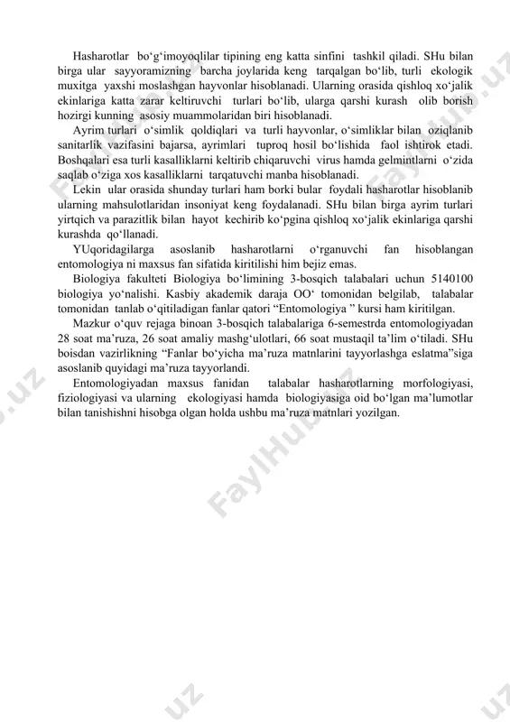 l ko‘rinishda bo‘ladi. hasharotlarning mo‘ylovlari qanday ko‘rinishda yoki qanday vazifani bajarmasin, lekin ularning ma’lum ko‘rinishiga qarab tiplarga ajratilib o‘rnatiladi. bu xar bir tipdagi mo‘ylovlar o‘zining tuzilishiga qarab quyidagicha tuzilishga egadir. 1. ipsimon mo‘ylov- yuguron qo‘ng‘izlarda bunday ko‘rinishdagi mo‘ylovlarning ko‘rinishi asosidan to mo‘ylovning uch qismigacha bir xil yo‘g‘onlikda bo‘ladi. 2. qilsimon mo‘ylov-suvaraklarda bu tipdagi mo‘ylovlarning ko‘rinishi mo‘ylov asosidan uch qismga qarab bir tekisda ingichkalashib boradi. 3. marjonsimon mo‘ylov-un qo‘ng‘izlarida bu mo‘ylovlarning bo‘g‘imlari kalta, yo‘g‘onlashgan, ikki uchi yumaloqlashgan hamda aniq ifodalashuvchi siniqlik bilan bir biridan ajralib turadigan bo‘g‘imlardan iborat. 4. arrasimon mo‘ylov-qirsildoq qo‘ng‘izlarda bunday mo‘ylovlarning bo‘g‘inlarining bir tomoni arra tishiga o‘xshash kertiklar bilan o‘yilgan bo‘ladi. 5. taraqsimon mo‘ylov –bu mo‘ylovlar taroq ko‘rinishida bo‘lib xar bir bo‘g‘imda uzun taroq tishiga o‘xshash o‘simtalari bo‘ladi. 6. to‘g‘nog‘ichsimon mo‘ylov- oq kapalaklarda bunday mo‘ylovlarni ko‘rinishi asosidagi bo‘g‘imlari 3 qismga etguncha deyarli bir xilda bo‘lsada lekin uch qismidagi bo‘g‘inlar bir muncha kengayib, kattalashgan ko‘rinishda bo‘ladi. 7. boshchali mo‘ylov- …