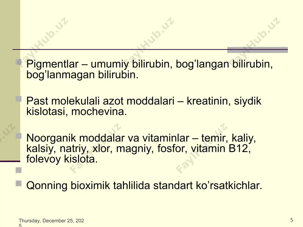 smoniy mehnat, onkologik kasalliklarda, puringa boy mahsulotlar yeganda. kamayadi: vilson-konavalov kasalligi,vegetarianlarda qondagi bioximik tahlilni bilish uchun tirsak venadan 5-8 ml qon och qoringa olinadi, agar bemor ovqatlangan bo’lsa 12 soat o’tib qon olinadi. xolesterin va lipoproteidlar taxlili uchun qon 12-14 soatlik ochlikdan so’ng va tekshiruvga 2 hafta qolganda lipidlarni kamaytiruvchi dorilar to’xtatiladi. * siydik kislotasini aniqlashdan 3-4 kun oldin qat’iy dieta : ovqat ratsionida go’shtli mahsulotlarni cheklash, choy, kofe cheklanadi.
