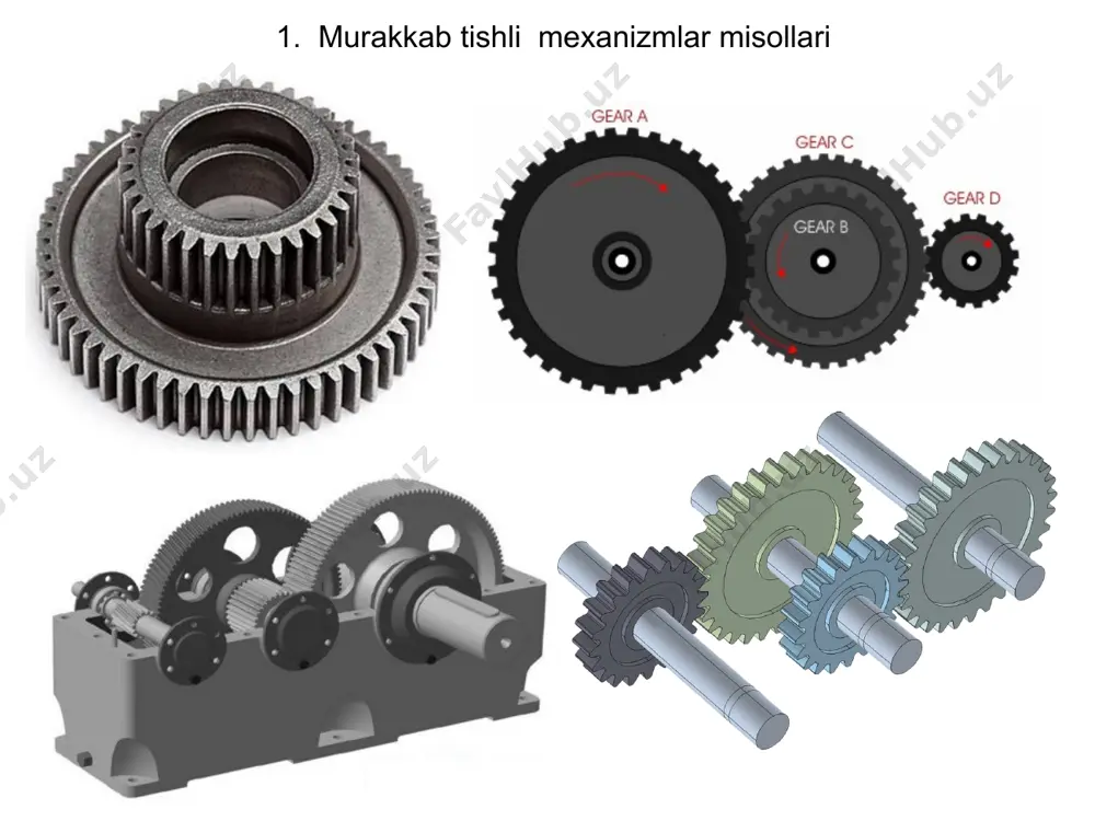 ω1 ωh aniqlash kerak: ω2 ω3 ‘o2’ sharnirlar “qozg’almas” bo’lib qoladi, shuning uchun ‘1’-chi va ‘2’chi hamda ‘2’-chi va ‘3’-chi g’ldiraklar ilashishi oddiy uzatmaday bo’lib qo’ldi, demak: bulardan ω2 va ω3 aniqlaymiz: 3. episiklik mexanizmlarning sintezi (5-ta shart) meхаnizmlаr sintezi - berilgаn geometrik, kinemаtik vа dinаmik pаrаmetrlаr bo’yichа tаlаb qilingаn хаrаkаt qonunni аmаlgа oshiruvchi meхаnizmni loyihаlаsh mаsаlаsini echаdi. planetar mexanizmning uzatish soni berilgan. aniqlash kerak: tishli g’ildiraklarning tishlar sonini. bunda quidagi shartlarni bajarish lozim: 1) kinematik sharti; 2) o’qdoshlik sharti; 3) qo’shni joylashish sharti; 4) yig’ilish sharti; 5) tog’ri ilashish sharti bu shartlarning mazmunini quyida keltirilgan mexanizm misolida ko’rib chiqamiz kinematik sharti planetar mexanizmning berilgan uzatish sonini ta’minlash kerak: demak: planetar mexanizmning uzatish soni bu qiymatdan ±5% o’zgarishiga ruxsat beriladi. o’qdoshlik shartida 1 va 4 g’ildiraklarning o’qlari bir chiziqda bo’lishi ta’minlanishi kerak: agar g’ildiraklarning modullari bir xil bo’lsa: qo’shni joylashish sharti bir nechta satellitlar joulashganda ular bir biriga tegmaslik kerak, …