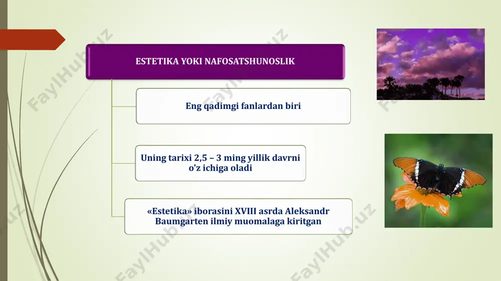 o'z oldiga qo'ygan maqsad bo'lib, u mohiyatan qo'rquv yo achinish tufayli inson qalbini salbiy hissiyotlardan forig'lantiradi. arastu (mil.avv. 384-322 yy.) o'rta asr sharq allomalari estyetikasi ezgulik bilan go'zallikni aynanlashtiradi. san'at taqlidiylik hususiyatiga ega. 1. she'riy nutq - mutloq yolg'on. 2. sofistik nutq - asosan yolg'on. 3. hitobiy nutq - bir xilda ham yolg'on, ham rost. 4. dialektik nutq - asosan rost. 5. isbotiy (apodiktik) nutq - mutlaq rost. she'riyatni tasviriy san'at bilan qiyoslaydi va har ikkala san'at turi ham mohiyatan bir xil asosga - taqlidga borib taqalishini aytadi. «musiqa haqidagi katta kitob» asarida musiqiy bilimni ijro san'ati bilan bog'liq bo'lgan musiqiy amaliyotga va musiqaning «sof o'zini», ijrochilikka bog'lanmagan holda o'rganadigan nazariyaga ajratadi. abu nasr al-farobiy (873-950)  musiqadan olinadigan lazzat musiqiy uyg'unlikning makonda yoyilishidan, pardalarning navbatma-navbat kelishidandir.  musiqada tovushning o'zi kifoya qilmaydi, balki uni qanday chiqarish muhim.  jismoniy go'zallik - qalb go'zalligi bilan belgilanadi. haqiqiy she'riyat bilan nazmiy …
