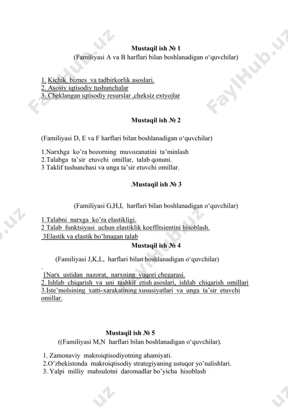 a unga ta’sir etuvchi omillar. foydalaniladigan adabiyotlar ro`yxati 1. egamberdiyev e. mikroiqtisodiyot. “ilm ziyo” nashriyoti. tosheknt 2008 yil. 2. salimov b.t., hamdamov s., o’raqov n.i., mikroiqtisodiyot. “ijod dunyosi” nashriyoti 2010 yil. 3. o’lmasov a., vaxobov a., mikroiqtisodiyot. t.: - 2011 1.4. xudoyberdiyev z., xoshimov k., “tadbirkorlik va biznes asoslari” toshkent-2009 y. 4. shakarov a., abdukarimov a., turdibekov x. “makroiqtisodiyot”. toshkent-2009 y. 5. xo’jayev r.s.,mahmudov b., xo’jayev h.s.,.ergashev e.i., egamberdiyev r.i. “mikro va makroiqtisodiyot”. t.: ilm ziyo, 2016. 6. erkin egamberdiyev “mikroiqtisodiyot”. darslik t.: ilm ziyo, 2015 y. internet saytlari a 18 www. ref.uz a 19 www. ziyonet .uz a 20 www. bilim.uz a 21 www.tfi.uz a 22 www.uza.uz a 23 www.lex.uz o‘zbekiston respublikasi oliy ta’lim, fan vainnovatsiyalar vazirligi farg‘ona viloyat oliy ta’lim, fan va innovatsiyalar hududiy boshqarmasi toshkent moliya instituti huzuridagi marg‘ilon bank- moliya texnikumi “tasdiqlayman” o‘quv va tarbiyaviy ishlar bo‘yicha direktor o‘rinbosari _________v.grigorev “___” ______ 2024 yil 50410101- buxgalteriya …