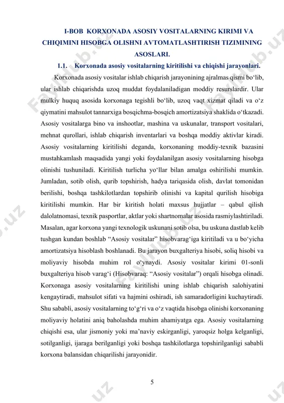 summaga sotilsa, foyda olinadi, aks holda zarar qayd etiladi. bu natijalar moliyaviy hisobotlarga ta’sir qiladi va soliq hisob-kitoblarida ham aks ettiriladi. buxgalteriyada asosiy vositalarning chiqarilishi 01-sonli hisobvaraqdan chiqarilib, 91-sonli (boshqa daromadlar va xarajatlar) yoki 62-sonli (xaridorlar va buyurtmachilar bilan hisob-kitoblar) hisobvaraqlari orqali qayd etiladi. agar vosita butunlay yaroqsiz holatga kelgan bo‘lsa, u holda ushbu vositaning chiqarilishi 94-sonli (kamomadlar va talafotlar) hisobvarag‘ida aks ettiriladi. korxonada asosiy vositalarning kiritilishi va chiqishi jarayonlari moliyaviy boshqaruv, buxgalteriya hisobi va soliqqa tortish tizimida muhim o‘rin tutadi. mazkur jarayonlar aniq tartibda yuritilishi, barcha hujjatlar bilan asoslanishi kerak. aks holda, moliyaviy hisobotlarda noto‘g‘ri ma’lumotlar paydo bo‘lishi, bu esa soliq organlari bilan muammolarga sabab bo‘lishi mumkin. shuni unutmaslik lozimki, asosiy vositalarning har bir birligi bo‘yicha ularning xarid sanasi, narxi, xizmat muddati, eskirish normasi, joylashuvi, balansdagi qoldiq qiymati to‘g‘risidagi ma’lumotlar muntazam ravishda yangilanib turilishi lozim. buning uchun maxsus inventarizatsiya ishlari amalga oshiriladi. bu esa, korxona mol-mulkining haqiqiy holatini aniqlash, …