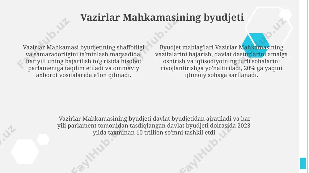 ijrosini nazorat qilish boʻyicha 20 dan ortiq vazifalarni bajaradi. tashqi siyosatdagi ishtiroki oʻzbekiston respublikasi vazirlar mahkamasi 2023-yil davomida 15 dan ortiq xorijiy davlat delegatsiyalari bilan muzokaralar oʻtkazdi, ikki tomonlama hamkorlikni rivojlantirishga qaratilgan 20 dan ziyod shartnoma imzolandi. tashqi siyosat doirasida vazirlar mahkamasi iqtisodiy diplomatiya vositalaridan foydalanib, 2022-yilda 10 milliard dollardan ortiq toʻgʻridan-toʻgʻri xorijiy investitsiyalarni jalb qilishga erishdi. 2024-yil uchun vazirlar mahkamasining tashqi siyosat strategiyasi, xalqaro tashkilotlar bilan (jumladan, bmt, shht) hamkorlikni kuchaytirish va 5 ta yangi strategik sheriklikni o‘rnatishni o’z ichiga oladi. oʻzbekiston respublikasi vazirlar mahkamasi 2023-yil holatiga koʻra, vazirlar mahkamasi tarkibida iqtisodiyot, ijtimoiy soha va infratuzilma rivojiga yoʻnaltirilgan 15 dan ortiq davlat dasturlari amalga oshirilmoqda. vazirlar mahkamasi raisi – oʻzbekiston respublikasining prezidenti boʻlib, u hukumat faoliyatini boshqaradi va nazorat qiladi, qarorlarni tasdiqlaydi. oʻzbekiston respublikasi vazirlar mahkamasining tarkibiga 30 dan ortiq vazirlik va qoʻmitalar kiradi, ularning har biri muayyan sohaga mas'uldir. e'tiboringiz uchun rahmat @taqdimot_robot