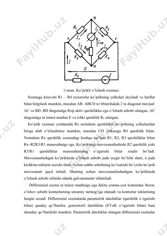 itta harakatlanuvchi kirishga ega. rezistorning barcha qarshiligi r eyuk ga ega e ta’minlash manbai zanjiriga ulanadi. o’zgaruvchan qarshilik rk cho’tkaning x siljishiga proporsional: rk=(r/l)x, bu yerda l – harakatsiz chiqishlar orasidagi sim o’ramlarning umumiy uzunligi. mos holda kompensatsiyalovchi kuchlanish uk x siljishga proporsional uk=(ir/l)x, bu yerda i – eyuk e ta’sirida r resistor orqali o’tuvchi tok. 4-rasm. qo’l bilan muvozanatlashtiriladigan kompensatsion o’lchash sxemasi. avtomatika elementlari tizimning eng asosiy qismi bo’lib, quyidagi funktsiyalardan birini bajaradi: · nazorat qilinayotgan yoki rostlanayotgan kattalikni qulay ko’rinishdagi signalga o’zgartirish (birlamchi o’zgartgich - datchiklar); · bir energiya ko’rinishidagi signalni boshqa energiya ko’rinishdagi signalga o’zgartirish (elektromexanik, termoelektrik, pnevmoelektrik, fotoelektrik va hokazo o’zgartgichlari); · signal tabiatini o’zgartirmasdan uning kattaliklarini o’zgartirish (kuchaytirgichlar); · signalning ko’rinishini o’zgartirish (analog-raqam, raqam analog o’zgartkichlari). · signalning formasini o’zgartirish (taqqoslash vositalari), · mantiqiy operatsiyalarni bajarish (mantiqiy elementlar), · signallarni taqsimlash (taqsimlagich va kommutatorlar), · signallarni saqlash (xotira va saqlash elementlari), · programmali signallarni hosil …