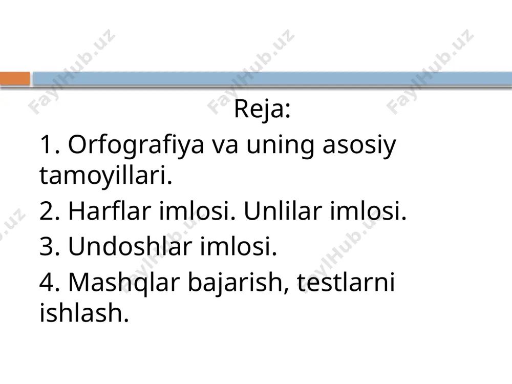 tik strukturaga qarab harflar va qo'shimchalarning shakllanishiga asoslanadi. misol: "kelish" va "kelayotgan" kabi so'zlarning yozilishi morfologik tamoyilga mos keladi. "kelish" so'zi boshqacha, "kelayotgan" esa biror voqea hozirgi kunda davom etayotganini ifodalaydi. 3. etimologik tamoyil: etimologik tamoyil so'zlarning yozilishida, ularning kelib chiqishi va tarixiy shakllariga asoslanadi. bu tamoyil, so'zlarning qadimgi shakllarini va ildizlarini saqlashga qaratilgan. misol: o'zbek tilida "kitob" so'zi arab tilidan olingan bo'lib, "q" tovushi etimologik tamoyilga mos ravishda "k" shaklida yoziladi. 4. izchillik tamoyili: izchillik tamoyili yozuvda bir xil qoidalarga amal qilishni ta'minlaydi. bu tamoyil turli joylarda, so'zlar yoki iboralarda bir xil yozuv shakllarini qo'llashni ta'kidlaydi. yani, so'zlarni bir xil uslubda yozish zarur. misol: agar biror so'z "ko'proq" shaklida yozilsa, boshqa o'xshash so'zlar ham shu shaklda yozilishi kerak. 5. tartib tamoyili: tartib tamoyili yozuvda so'zlarning to'g'ri va aniq tartibda, ya'ni grammatik qoidalarga muvofiq yozilishiga qaratilgan. so'zlar o'rtasidagi tartibni va ular orasidagi bog'lanishni ta'minlaydi. misol: "men kitobni o'qidim." — bu …