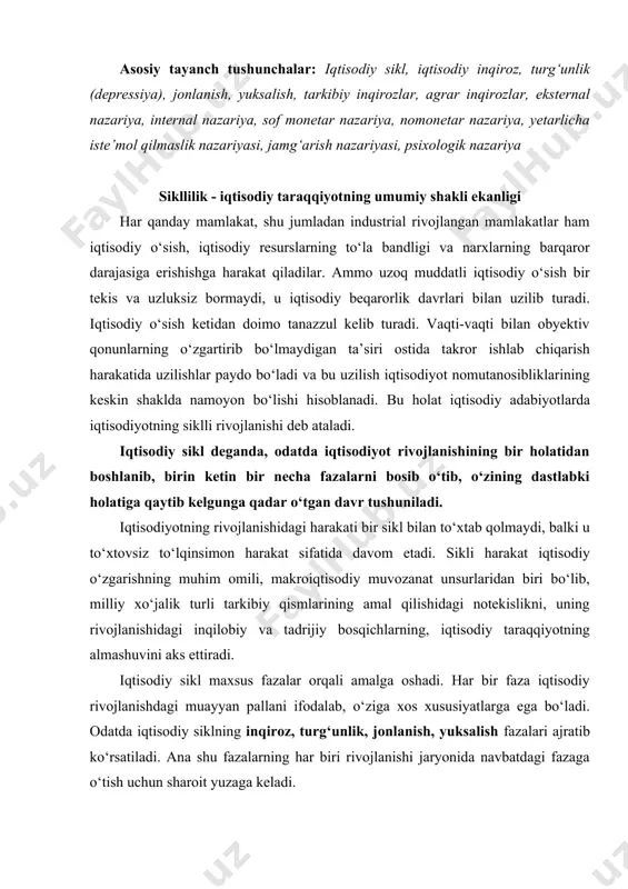 tiradi. iqtisodiy sikl maxsus fazalar orqali amalga oshadi. har bir faza iqtisodiy rivojlanishdagi muayyan pallani ifodalab, o‘ziga xos xususiyatlarga ega bo‘ladi. odatda iqtisodiy siklning inqiroz, turg‘unlik, jonlanish, yuksalish fazalari ajratib ko‘rsatiladi. ana shu fazalarning har biri rivojlanishi jaryonida navbatdagi fazaga o‘tish uchun sharoit yuzaga keladi. iqtisodiy siklning dastlabki fazasi inqirozdan boshlanib, u ishlab chiqarishning pasayishida ifodalanadi. inqiroz fazasining asosiy belgilari va o‘ziga xos xususiyatlarini mazkur bobning 3-bandida batafsil bayon etiladi. inqirozdan keyin turg‘unlik fazasi boshlanib, u nisbatan uzoqroq davom etadi. bu fazada ishlab chiqarish darajasining barqarorligi ta’minlansada, u inqiroz boshlanishidan oldingi darajaga nisbatan ancha past bo‘ladi. narxlarning pasayishi to‘xtab, ssuda foizlari pasayadi, tovar zahiralari barqarorlashadi. biroq ishsizlikning yuqori darajasi saqlanib qoladi. turg‘unlik fazasi davomida iqtisodiy faollik jonlanishi uchun sharoitlar vujudga kelishi nihoyasiga yetadi. jonlanish fazasida ishsizlik darajasi bir oz qisqarib, ishlab chiqarish darajasi sekin-asta o‘sib boradi. narxlar ham asta ko‘tarilib, ssuda foizi o‘sa boshlaydi. iqtisodiyotning bandlik darajasining ortishi va foyda …