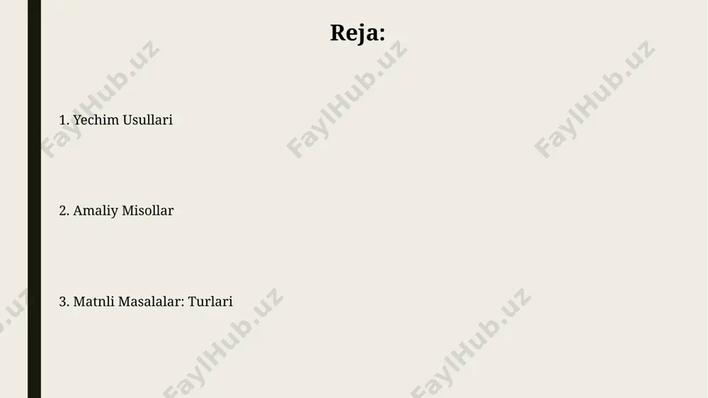 rda a yakuniy miqdor, p boshlang'ich miqdor, r foiz stavkasi, n - foiz hisoblanadigan davrlar soni va t - vaqt davomiyligi hisoblanadi. matnli masalalarni yechishga kirish murakkab matnli masalalarni yechishda, masalani sodda, bir necha qismlarga bo‘lib yechish samarali usul hisoblanadi. masalan, 3 bosqichli masala 3 ta kichik tenglama yordamida hal qilinishi mumkin. foydalangan usullarni va javoblarni tekshirish, matnli masalalarni yechishdagi muhim qism hisoblanadi. agar javob mantiqiy bo‘lmasa, 2-3 marta tekshirib ko‘rish kerak. yechimni tekshirish yechimni tekshirishda taxminiy hisob-kitoblardan foydalanish mumkin. masalan, 25% dan 15% ni ayirish natijasida taxminan 10% atrofida javob bo'lishi kerak. muammo shartlarida berilgan 10 ta sonning o'rtacha qiymatini hisoblashda, olingan natijani tekshirish uchun yig'indini sonlar soniga bo'lish kerak. matnli masalalar turlari harakat, ish va vaqtga oid masalalar esa tezlik, vaqt va masofa o'rtasidagi munosabatlarni o'rganadi. 2 ta avtomobil bir-biriga qarama-qarshi tomonga 60 va 80 km/soat tezlikda harakatlansa, ular necha soatdan keyin uchrashadi? bu harakat masalasidir. foyizli, nisbatli …