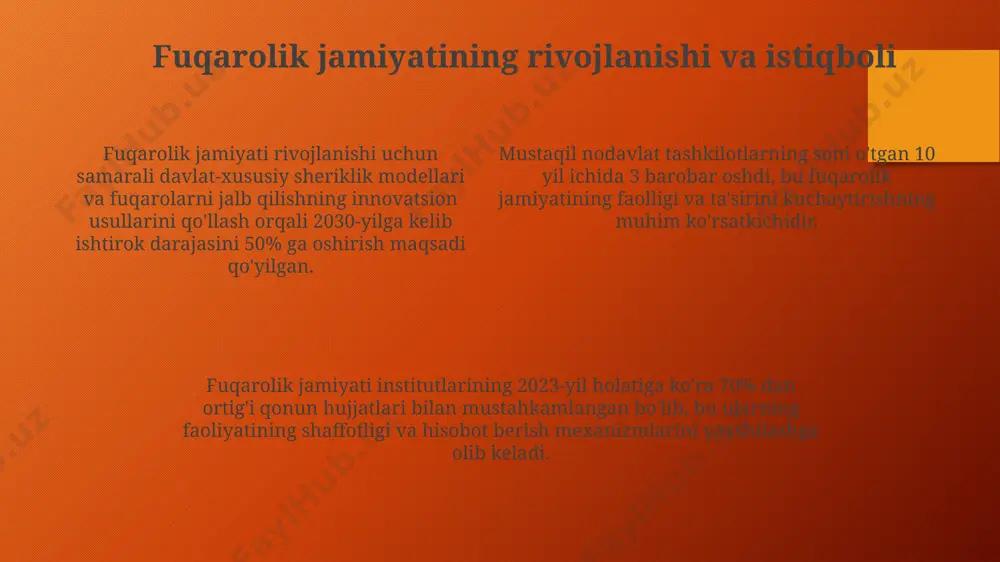 li hissa qo'shdi. nodavlat notijorat tashkilotlari (nnt) 500 dan ortiq fuqarolarga bepul huquqiy yordam ko'rsatib, 20% ga yaqin sud jarayonlarida muvaffaqiyatga erishdi, bu sud tizimiga bo'lgan ishonchni oshirishga yordam beradi. bozor munosabatlari va fuqarolarning ishtiroki fuqarolik jamiyati institutlarining mustahkamligi bozor munosabatlarining shaffofligi va adolatli raqobatni ta'minlashga 15-20% hissa qo'shadi, korrupsiyani kamaytiradi. fuqarolarning bozor munosabatlarida ishtiroki, 5 dan ortiq tadbirkorlik shakllarining mavjudligi bilan bog'liq bo'lib, bu ularning iqtisodiy imkoniyatlarini kengaytiradi. bozor munosabatlarining samaradorligi fuqarolarning iqtisodiy faolligi darajasiga, ya'ni mehnat resurslari taqsimotiga, 30% gacha ta'sir ko'rsatishi mumkin. fuqarolik jamiyati va davlat o'rtasidagi munosabatlar fuqarolik jamiyati tashkilotlari davlat siyosatining 30% ga yaqinini amalga oshirishda ishtirok etadi, bu esa davlatning samaradorligini oshiradi va fuqarolarning ehtiyojlariga tezkor javob berishga yordam beradi. fuqarolik jamiyati institutlari 20 dan ortiq sohalarda davlat bilan o'zaro ta’sirda bo'lib, demokratiyaning rivojlanishiga va fuqarolarning siyosiy ishtirokiga ijobiy ta’sir ko'rsatadi. davlatning fuqarolik jamiyati bilan samarali hamkorligi, korrupsiyani kamaytirish va huquqiy davlat tamoyillarini mustahkamlashga …