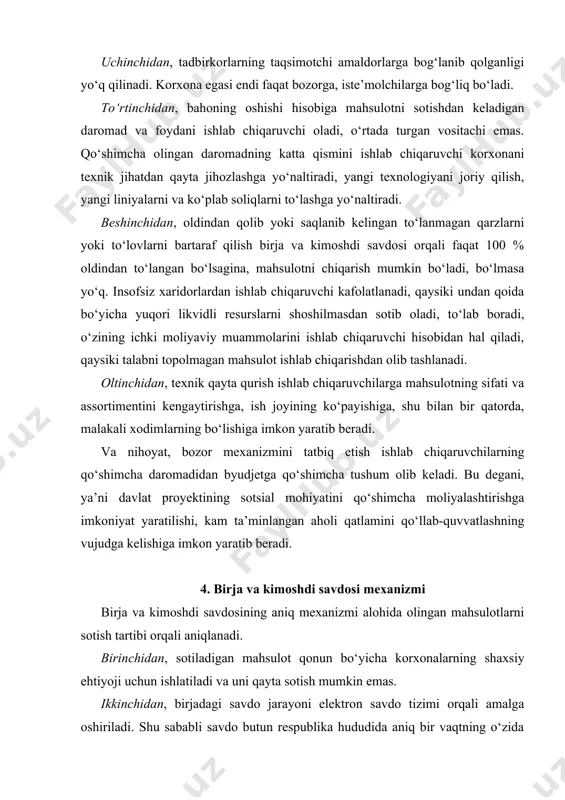 aratilishi, kam ta’minlangan aholi qatlamini qo‘llab-quvvatlashning vujudga kelishiga imkon yaratib beradi. 4. birja va kimoshdi savdosi mexanizmi birja va kimoshdi savdosining aniq mexanizmi alohida olingan mahsulotlarni sotish tartibi orqali aniqlanadi. birinchidan, sotiladigan mahsulot qonun bo‘yicha korxonalarning shaxsiy ehtiyoji uchun ishlatiladi va uni qayta sotish mumkin emas. ikkinchidan, birjadagi savdo jarayoni elektron savdo tizimi orqali amalga oshiriladi. shu sababli savdo butun respublika hududida aniq bir vaqtning o‘zida amalga oshiriladi va hamma tadbirkorlar resurslarni bir xilda olish imkoniyatiga ega bo‘ladilar. undan tashqari, oshkora va tiniq elektron birja savdosi bozorda manipulatsiyadan kafolatlangan holda xizmat qiladi. uchinchidan, iste’molchi-korxonalar resurslarni sotib olish uchun ehtimol mahsulotni yoki brokerlik joyini sotib olishi yoki mutaxassis brokerlar xizmatidan foydalanishlari mumkinligi. broker tadbirkorlik agentining buyrug‘iga binoan resurslarni sotib olishni amalga oshiradi. undan tashqari, tadbirkorning o‘zi ham broker bo‘lishi mumkin va birja savdosida mustaqil ravishda mahsulotni sotib olishi mumkin. to‘rtinchidan, resursni sotib oluvchi bo‘lgan oluvchi korxona birjaga broker orqali bankka to‘lovga …
