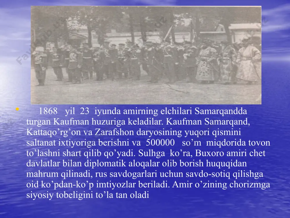 o’shilganligi» g’oyasining tarafdorlari xalq ommasining chorizmga qarshi, uning mustamlakachilik zulmiga qarshi ko’tarilgan qo’zg’olonlarini soxtalashtirib, go’yo bu qo’zg’olonlar rossiyaga qarshi emas, balki mahalliy amaldorlarga, din peshvolari, ulamolarga qarshi ko’tarilgan edi, deb «isbotlamoqchi» bo’ldilar. adolat va haqiqat milliy mustaqillik tufayli o’z o’rnini topib olmoqda. qafasdagi qushning muddaosi bitta — u ham bo’lsa ozodlik, hurlik, erkinlik, qafasni tark etishdir. shu boisdan chorizm tomonidan asoratga solingan, mus-tamlaka qilingan xalqlar dastlabki kunlardan boshlab o’z milliy mustaqilliklari, ozodliklari va erklari uchun muqaddas kurashga otlandilar: 3-savolga javob 1. qozog’iston mintaqasida 1783—1793 yillarda sirim botir qo’zg’oloni bo’ddi. 2. 1822—1823 yillarda jo’lomo tilanchi qo’zg’oloni. 3. 1836—1838 yillarda isatoy toyman qo’zg’oloni. 4. 1837—1846 yillarda sulton kenasarin qo’zg’oloni. 5. 1856 yillarda sirdaryoda jonxo’ja nurmuhammad qo’zg’oloni. 6. 1868 yilda samarqand mudofaasi va buxoro amirligi buxoro shahri, shaxrisabz bekligidagi harakatlar. 7. 1870 yilda mang’ishloq qirg’izlarining isyonlari. 8. 1871 yilda eshon eshmuhammad boshchiligida sirdaryo viloyatida chiqishlar yuz berdi. 9. 1871 yilda farg’onada yetimxon qo’zg’oloni. …