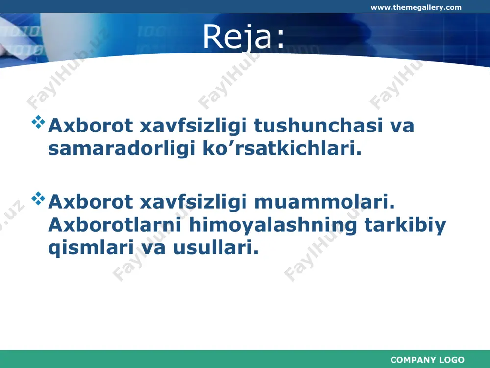 g ko‘p yillar davomida to'plagan va biror yirik muammoni hal etishga yo‘naltirilgan tajribalar natijasi bo'lsa, ushbu tajovuzdan kelayotgan zarar keskin oshib ketishi mumkin. ma’lumotlar mazmunini o‘zgartirish axborot xavfsizligi uchun kata tahdid hisoblanadi. bank va iqtisodiyot tizimida muomaladagi to‘lov xabarnomasi yuborilayotgan huquqiy manzil aniq ko'rsatilgan ochiq ma’lumot sifatida harakatlanadi. ommaviy axborot vositalarining ma’lumotlariga ko‘ra biror yo‘l bilan bank hujjatlari mazmunini, shaxsiy manfaatdorlik asosida qasddan soxtalashtirishdan banklarga va tashkilotlarga kelayotgan zarar keskin oshib ketmoqda. ushbu ko‘rinishdagi xurujlar davlatlar chegarasidan chiqib, dunyo miqyosida amalga oshirilmoqda. company logo www.themegallery.com masalan, sankt-peterburglik dasturchi v. levin, 1994-yilda o‘zining kompyuteri yordamida intemet orqali london shahridagi “siti bank of amerika”ning muhofaza tizimini buzib, dunyoning turli mamlakatlaridagi bank mijozlarining hisob raqamlaridan 10 million dollar miqdoridagi mablag'ni noqonuniy o‘zlashtirib, o‘zining turli mamlakatlardagi hamtovoqlari hisobiga o‘tkazadi. ushbu holat bo‘yicha aqsh federal qidiruv byurosi tezkor-qidiruv harakatlarini amalga oshirib, jinoyatchilar to'dasini bir vaqtning o‘zida hibsga oldi. jinoyatchilar 400 ming dollardan tashqari barcha mablag'ni …