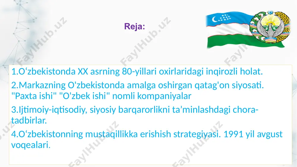 olib borildi 2 bu bosqichdagi vazifa – ilmiy texnika taraqqiyoti yutuqlarini ishlab chiqarishga jalb etish asosida jamiyatda tub iqtisodiy taraqqiyotni jadallashtirish va uning asnosida inson omilini faollashtirish edi 3 qayta qurishning dastlabki davrlarida asosiy e’tibor iqtisodiyotni rivojlantirishga qaratildi 4 1986 yildan mamlakat iqtisodiy ahvoli yomonlashdi, 1987 yil yanvaridan ishlab chiqarish sur'atlari keskin pasaydi. 1 - bosqich mag'lub bo'ldi qayta qurishning 2-bosqichi (1987-1990-yillar) 1 jamiyating barcha jabhalarini kompleks tarzda isloh qilishga harakatlar bo’ldi. asosiy maqsad sovet jamiyatini to'liq demokratlashtirish deb aytildi 2 80-yillar 2-yarmida iqtisodiy inqiroz boshlandi. markaz o'z ta'sirini kuchaytirish maqsadida o'zbekistonda "o'zbek ishi", "paxta ishi" kabi uydirmalarni o'ylab topdi 3 qayta qurish siyosati ham sssr davlatini muqarrar inqirozdan qutqarib qola olmadi. davlatda inqiroz boshlandi. ittifoqdosh respublikalarda milliy o'zlikni anglash va mustaqillik sari dadil qadamlar qo'yildi "paxta ishi" "o'zbek ishi" nomli kompaniyalar "paxta ishi" deb nomlangan qatag'onga milliy tus berilib, u "o'zbeklar ishi"ga aylantirildi va ziyolilar ham ta'qib ostiga olindi. …