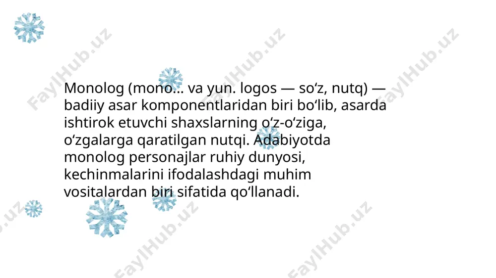 a monolog-tavsif, bayon qilish, mulohoza yuritishni o’rgatish uchun maqbul didaktik material topishga harakat qilishi zarur. art obrazli nutqni o‘stirish va rivojlantirish keng ma’noda nutq madaniyatining muhim tarkibiy qismi hisoblanadi. bu o‘rinda nutq madaniyati deganda, adabiy til normalariga rioya qilish, o‘z fikrlarini, hissiyotlarini, tasavvurlarini aytilayotgan gapning yo‘nalishi va maqsadiga muvofiq holda mazmunli, grammatik to‘g‘ri, aniq va ifodali bera olish tushuniladi. nutq faqat bolada til boyligiga nisbatan qiziqish tarbiyalangan, nutqda turli xil ifoda vositalaridan foydalanish ko‘nikmasi rivojlantirilgan taqdirda obrazli, bevosita va jonli bo‘ladi. nutq intonatsiyasi, tovushning ifodaliligi ustidagi ishlar bolalarning bildirilayotgan fikrga nisbatan, matndan kelib chiqqan holda, ovozini balandlatib yoki pasaytirib, talaffuz qilinayotgan matnga mantiqiy va emotsional urg‘u berish orqali o‘z munosabatini bildirishni o‘rganishlari uchun zarur. buning uchun pedagog tegishli topshiriqlardan ko‘proq foydalanishi lozim. aynan ushbu qobiliyatlar bolaga turlicha intonatsion ifodalashni talab qiluvchi turli xildagi ravon fikrlarni tuzish – hikoya qilish, tasvirlash, mulohaza yuritish uchun zarur bo‘ladi. e' tiboringiz uchun raxmat!!!102-guruh talabasi …