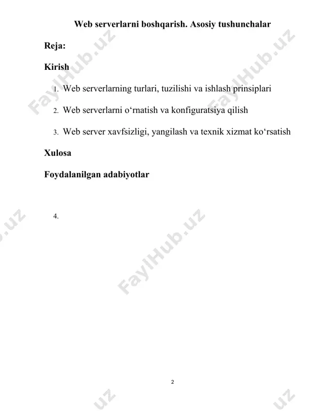 ida ma’lumotlar almashinuvi uchun vosita sifatida ishlaydi. · xavfsizlik ta'minlash: web serverlar https orqali ma’lumotlarni shifrlash orqali foydalanuvchi va server o‘rtasidagi ma'lumotlarning xavfsizligini ta’minlaydi. web serverlarning ahamiyati internet xizmatlari va veb-texnologiyalarning kengayishi bilan yanada oshib bormoqda, chunki ko'pgina onlayn xizmatlar va ilovalar web serverlar orqali ishga tushadi va mijozlarga xizmat ko'rsatadi. 1. web serverlarning turlari, tuzilishi va ishlash prinsiplari web serverlar turli xil dasturiy ta'minot platformalari asosida qurilgan bo‘lib, ularning har biri o‘ziga xos imkoniyatlarga ega. eng keng tarqalgan web serverlar quyidagilar: apache http server (apache): dunyoning eng ommabop va keng qo‘llaniladigan ochiq manba kodli web serverlaridan biri. linux va windows tizimlarida ishlaydi. modul va kengaytma yordamida qo'shimcha funksiyalar qo'shilishi mumkin. nginx: apache’dan keyingi eng keng qo‘llaniladigan web server, resurslarni samarali ishlatishi va katta trafikni qayta ishlash qobiliyati bilan ajralib turadi, ko‘pincha statik kontent (html, css, js) va ommaviy ilovalar uchun ishlatiladi. microsoft internet information services (iis): microsoft tomonidan ishlab …