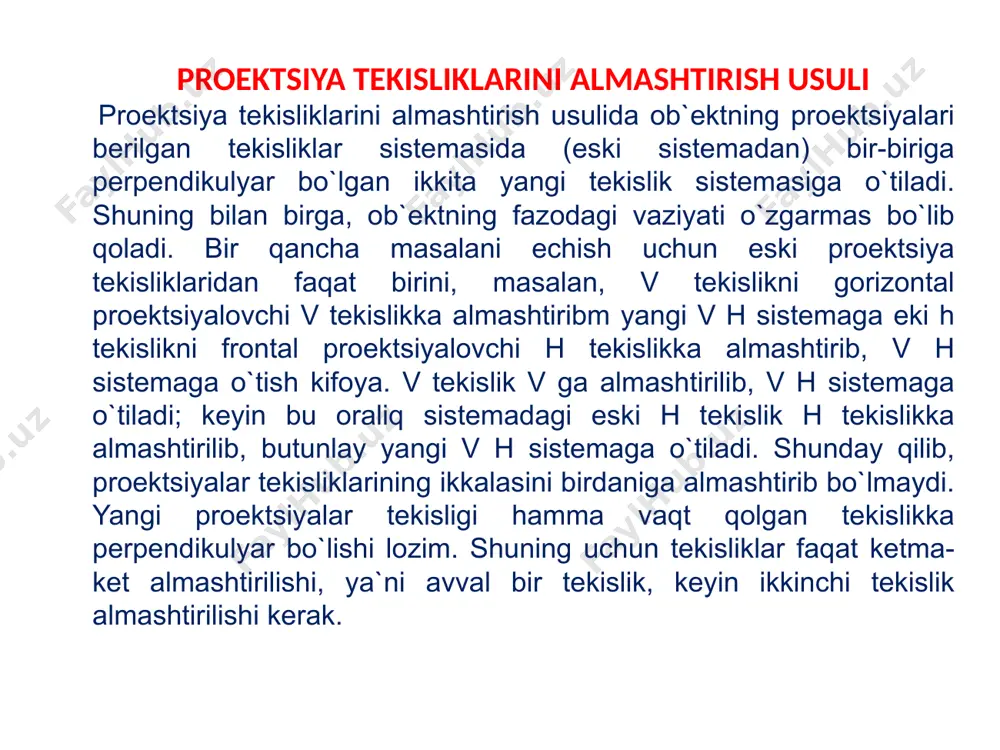 rak, keyin nuqtadanchiziqqa perpendikulyar tushirish uchun to`gri burchakni proektsiyalash qoidasini tadbiq etish lozim. aylantirish usuli aylantirish usulida proektsiya tekisliklari qo`zgalmaydi, proektsiyalanayotgan shakl yoki jism talabga muvofiq vaziyatga kelguncha fazoda aylantiriladi. aylantirish usulida shaklning yangi aylantirilgandan keyingi vaziyatdagi proektsiyalarini uning oldingi (berilgan) proektsiyalari bo`yicha yasash yo`llari o`rganiladi. proektsiyalanayotgan ob`ekt fazoda hamma vaqt birorta to`g`ri chiziq (o`q) atrofida aylantiriladi. a nuqtani jj chiziq atrofida aylantiriladi. jj to`g`ri chiziq aylantirish o`qi deyiladi. a nuqtadan o`qqacha bo`lgan qisqa r masofa a nuqtaning aylantirish radiusi deb, o nuqta aylantirish markazi deb, nuqtaning aylanishidan hosil bo`lgan chiziq aylantirish aylanasi deb, uning tekisligi q esa nuqtaning aylantirish tekisligi deyiladi, 9 aylantirish o’qi masalaning shartiga qarab tanlab olinadi yoki berilgan bo`ladi.. faqat oldingi va oxirgi vaziyatlarni ko`rib chiqishda aylantirish yo`nalishi xisobga olinmaydi, ammo aylantirish burchagi berilgan yoki uni topish kerak bo`lsa, yo`nalish ma`lum bo`lishi shart. shaklda aylantirish yo`nalishi strelka bilan belgilangan. l-qoida. nuqta birorta o`q aylantirilganda uning aylantiridh …