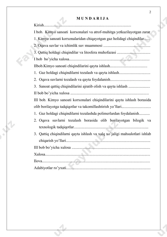 i...................................................................................... iii bob bo’yicha xulosa ................................................................................ xulosa........................................................................................................... ilova.............................................................................................................. adabiyotlar ro’yxati...................................................................................... kirish dissertatsiya mavzusining dolzarbligi. ma’lumki, hozirgi vaqtda global iqtisodiy inqiroz dunyo mamlakatlari orasida innovatsion ishlab chiqarish aloqalarini susaytirgani barchaning diqqat markazida bo’lmoqda. shuning uchun ishlab chiqarishni mahalliylashtirish dasturini kengaytirish muhim ahamiyatga ega. prezidentimiz i.a.karimov “jahon moliyaviy-iqtisodiy inqirozi, o’zbekiston sharoitida uni bartaraf etishning yo’llari va choralari” asarida mahalliy xom ashyolardan foydalanish haqida alohida to’talib, mahalliy xom ashyolarni izlab topish, uni va chiqindilarni qayta ishlash hamda xalq iste’moli mahsulotlari ishlab chiqarish bugungi kundagi eng muhim dolzarb muammo ekanligini ta’kidlab, iqtisodiy inqirozdan chiqishning yana bir yo’li nanotexnologiyalar asosida olib borilayotgan tadqiqotlarning natijalariga bog’liqligini aytib o’tganlar. biz bajargan tadqiqot ishi aynan ana shu yo’nalish bo’lib, mustaqil o’zbekistonimizning nafaqat iqtisodiy balki ekologik barqarorligini ta’minlashga xizmat qiladi deb o’ylaymiz. keyingi yillarda atrof-muhitga sanoat korxonalari tomonidan chiqarilayotgan zaharli gazlarni va oqava suvlarni tozalash borasida turli tadqiqot ishalri olib borilmoqda. ammo hozirgi kunda chiqindi gazlarni va oqava suvlarni …