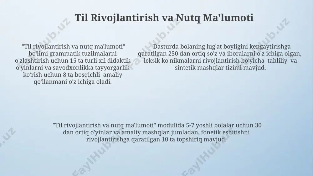 h”da bolalar 1 dan 10 gacha bo‘lgan sonlarni sanash, qo‘shish va ayirish amallarini amaliy mashqlar, o‘yinlar va kundalik hayotdagi misollar orqali o‘rganadilar. uy vazifalari va uning tuzilishi ilm yo'li dasturida uy vazifalarining bajarilishini nazorat qilish uchun ota-onalar uchun maxsus qo'llanma va 5tadan ortiq interaktiv o'yinlar mavjud. har bir uy vazifasi 3 qismdan: takrorlash, mustahkamlash va ijodiy topshiriqlar qismlaridan iborat bo'lib, bolaning turli ko'nikmalarini rivojlantiradi. har bir uy vazifasi 3 qismdan: takrorlash, mustahkamlash va ijodiy topshiriqlar qismlaridan iborat bo'lib, bolaning turli ko'nikmalarini rivojlantiradi. o'yin orqali o'rganish usullari o'yin orqali o'rganish, 3-7 yoshli bolalar uchun 5 ta asosiy hissiy-harakatli rivojlanish bosqichini o'z ichiga oladi, bu esa ularning kognitiv qobiliyatlarini 20% ga oshirishi mumkin. ilmiy tadqiqotlar shuni ko'rsatadiki, o'yin orqali o'rganish usuli, an'anaviy usullarga nisbatan, bolalarning 15% ko'proq yangi ma'lumotlarni eslab qolishiga yordam beradi. o'yinlar orqali o'qitish, bolaning muloqot ko'nikmalarini 30% ga yaxshilashga, tengdoshlari bilan o'zaro munosabatlarini mustahkamlashga va ijtimoiylashuv darajasini oshirishga yordam …