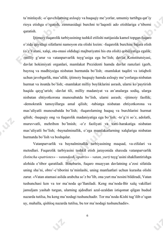 da harbiy mudofaani tashkil etish ko’nikma va malakalarini shakllantirishga yo’naltirilgan pedagogik jarayon. harbiy-vatanparvarlik tarbiyasining maqsadi yoshlarni vatan himoyasi hamda harbiy mudofaaga tayyorlash, ularda favqulotda holatlarda harbiy mudofaani tashkil etish ko’nikma va malakalarini shakllantirishdan iborat bo’lib, mazkur jarayonda quyidagi vazifalar amalga oshiriladi: o’quvchilarga fuqaro mudofaasi hamda harbiy bilim asoslarini bo’yicha dastlabki nazariy bilimlarni berish va amaliy ko’nikmalarni hosil qilish; o’quvchilarni milliy mustaqillik, o’zbekiston respublikasining davlat qurilishi hamda konstitutsiyaviy tuzumiga qarshi uyushtiriluvchi tahdidlarning oldini olishga tayyorlash; o’quvchilarda g’oyaviy onglilikni tarbiyalash asosida, ularda terrorizm va diniy ekstremistik g’oyalarga qarshi nafrat tuyg’usini tarbiyalash; o’quvchilarning vatan himoyasini ta’minlash borasidagi harbiy-texnik tayyorgarlikka ega bo’lishlari uchun zarur shart-sharoitni yaratish; o’quvchilarda favqulotda vaziyatlarda tegishli chora-tadbirlarni ko’ra olish, shuningdek, qurolli hurujlardan himoyalanish ko’nikma va malakalarini shakllantirish; ularda hushyorlikni oshirish va hokazolar. huquqiy tarbiya. huquqiy tarbiya shaxs tomonidan o’zlashtirilgan nazariy-huquqiy bilimlar negizida huquqiy faoliyatni tashkil etish borasidagi ko’nikma va malakalarni hosil qilish, unda ijobiy mazmundagi huquqiy sifatlarni qaror toptirish va …