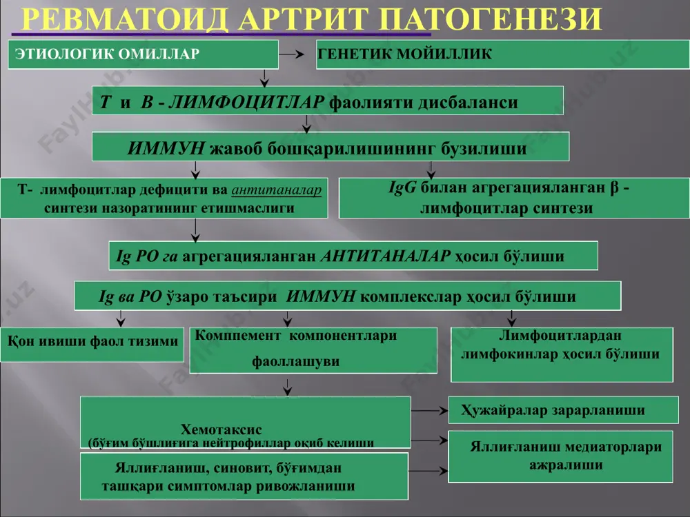 – бўғим атрофи остеопорози ii - остеопороз + бўғимлар аро тирқишни торайиши, якка эрозиялар бўлиши мумкин iii – ii босқич + эрозияларнинг кўплиги + бўғимларда ярим чиқишлар iv - iii босқич + суяк анкилози 6. қўшимча иммунологик характеристика - антицитруллин антителалар: аццп - позитив аццп - негатив 7. функционал синф: i – тўлиқ сақланган: ўз-ўзига хизмат қилиш, профессионал бўлмаган и профессионал мехнатга лаёқатлик ii - сақланган: ўз-ўзига хизмат қилиш, профессионал мехнатга лаёқатлик; чекланган: профессионал бўлмаган мехнатга лаёқатлик iii - сақланган: ўз-ўзига хизмат қилиш; чегараланган: профессионал бўлмаган ва профессионал мехнатга лаёқатлик iv - чегараланган: ўз-ўзига хизмат қилиш, профессионал бўлмаган и профессионал мехнатга лаёқатлик 8. асоратлари: 1. иккиламчи систем амилоидоз 2. иккиламчи артроз 3. остеопороз (систем) 4. остеонекроз 5. туннел синдромлар (карпал канал синдроми, тирсак нерви ва n. tibialis ни босилиш синдромлари) 6. атланто-аксиал бўғим ярим чиқиши, миелопатия билан бирга, умуртқа поғонасини бўйин қисмини ностабиллиги 7. атеросклероз тирсак бўғими сохасида тери ости …