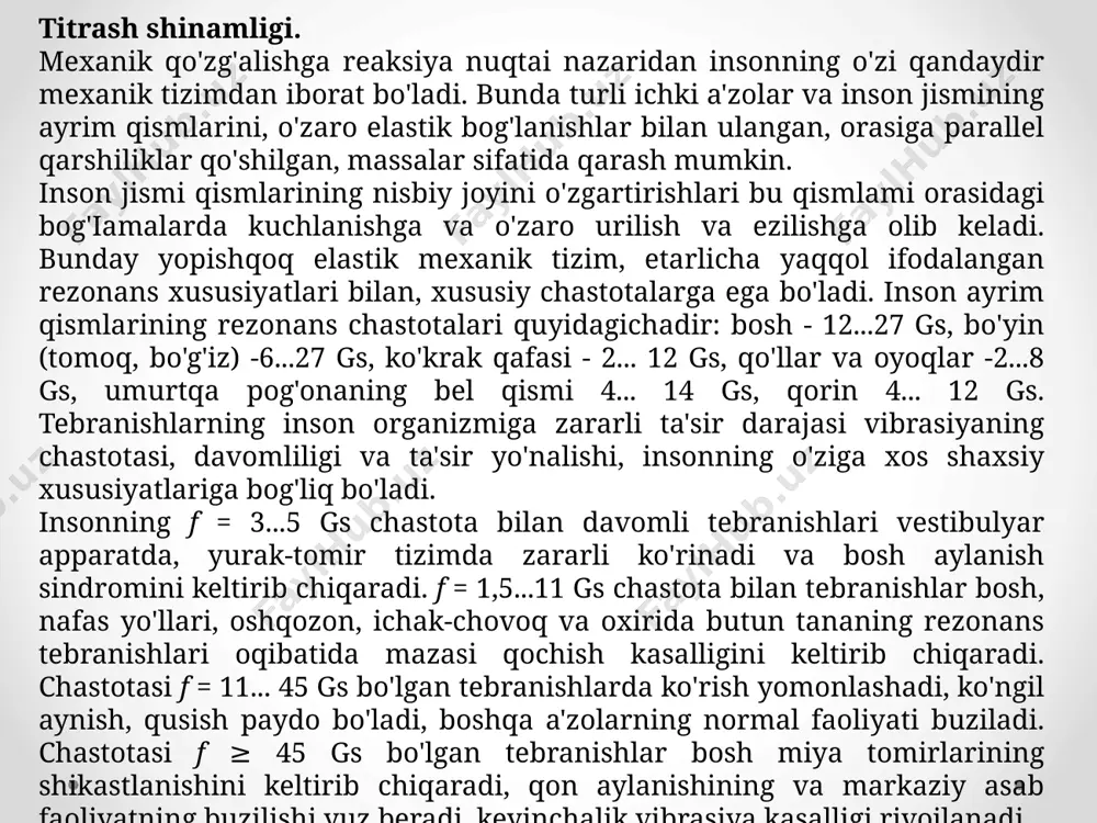 'planish) xususiyatiga ega bo'lib, asab tizimini ezadi, psixofiziologik funksiyalarda bilinadigan o'zgarishlar qiladi, bunda tezlik va harakat aniqligi ancha pasayadi. shovqin salbiy emotsiyalami keltirib chiqaradi, lining ta'siri ostida haydovchida parokandalik, loqaydlik, xotirani buzilishi ko'rinadi. shovqinning insonga ta'siri shovqin jadalligi va spektriga bog'liq quyidagi guruhlarga ajratilgan: juda kuchli shovqin 120 ... 140 db va undan baland darajalar bilan spektrdan qat'iy nazar eshitish a'zolarining mexanik shikastlanishini keltirib chiqarishi va organizmning og'ir shikastlanishiga sabab bolishi mumkin; kuchli shovqin 100 ... 120 db darajalar bilan past chastotalarda, 90 db dan baland o'rta chastotalarda va 75...85 db dan baland chastotalarda eshitish a'zolarida qaytmas o'zgarishlar keltirib chiqaradi, uzoq muddatli ta'sirida esa qator kasalliklar (birinchi navbatda - asab tizimini) sababi bo'lishi mumkin; ancha past darajalardagi shovqin 60...75 db o'rta va baland chastotalarda, to'plangan diqqatni talab qiladigan ish bilan band insonning asab tizimiga zararli ta'sir ko'rsatadi, avtomobil haydovchisining ishi bunga taalluqli bo'ladi. iv. ishni bajarish tartibi: v. hisobot shakli …