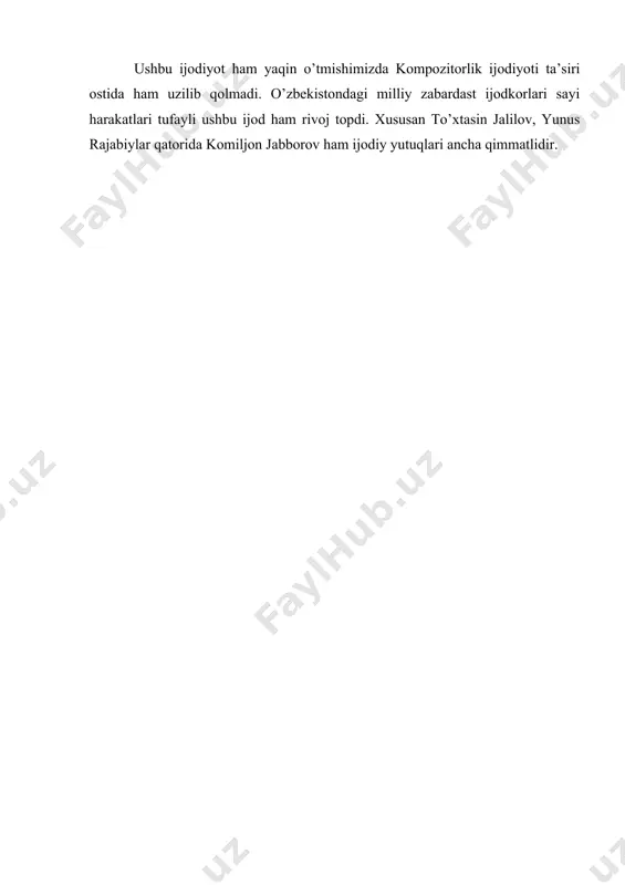 qiladi. shundan so’ng komiljon bir qator zamonasining mohir sozandalaridan cholg’u ijrochilik sirlarini o’rganishni davom ettiradi. bu taklif qabul qilinadi. komiljon 1925-29yillarda namangandagi «namuna» maktabida ta’lim oldi va o’zbek musiqa merosina-munalarini ustozidan puxta o’rganadi. mazkur ansamblda g’ijjakchi va dutorchi sozanda sifatida ishtirok etadi. usta 1929-yili toshkentga kelib, hamza nomidagi dramateatrining t.sodiqov rahbarligidagi sozandalar ansambliga ishga qabul qilindi. bu teatrda u ko’p mashhur san’atkorlar bilan tanishdi, ma’naviy ozuqa oldi. uch yildan so’ng y.oxunboboyevnomidagi andijon viloyati musiqali dramateatriga ishga o’tdi. komiljon jabborovning mustaqil sozandalik hayoti 1930-yillarda ustoz san’atkor to’xtasin jalilov rahbarligidagi «milliy musiqa to’garagi»da boshlanadi. 1931-yildan oxunboboyev nomidagi musiqali drama teatrida sozanda sifatida ishlaydi. 1933-yili m. qoriyoqubov tashkil qilgan respublika musiqali dramateatriga, biryildan so’ng andijon teatriga musiqa rahbarila vozimiga ishga taklif qilinadi.. teatrda olib borgan faoliyati davomida u sahnalashtirilgan spektakllarning musiqalarini tanlab, aktyorlar bilan birga mashg’ulotlar o’tkazardi. shu jarayon uni ijod qilishga undaydi. shu paytda «gulsara», «layli va majnun» kabi spektakllar andijon teatrida …