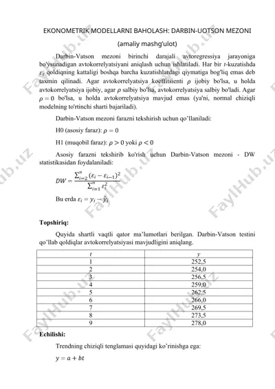 ekonometrik modellarni baholash: darbin-uotson mezoni — DOC
