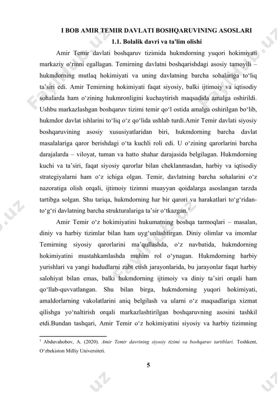 ga oshirayotganda, davlatni ichki va tashqi tahdidlardan himoya qilish uchun kerakli chora-tadbirlarni ko‘rgan. shu tariqa, hukmdorning yuqori hokimiyati davlat boshqaruvi va jamiyatdagi barcha qatlamlar uchun muhim orientir bo‘lib, davlatni barqarorlashtirish va rivojlantirishning asosi bo‘ldi.amir temir boshqaruvining markazlashgan tizimi uning siyosiy yetakchilik sifatida muvaffaqiyatli bo‘lishining muhim omili bo‘lib, u davlatni doimiy ravishda o‘z qo‘lida ushlab turishga muvaffaq bo‘ldi. bu tizim, uning davlat boshqaruvidagi qattiq nazorati, hukmdorning mustahkam hokimiyati va uni amalga oshirishda har tomonlama qo‘llab-quvvatlashgan amaldorlar orqali barcha sohalarda muvaffaqiyatga erishdi. 1.2. amirning strategik qarorlari amir temirning davlatni boshqarishdagi strategik qarorlari, uning uzoq muddatli siyosiy maqsadlariga erishishda muhim rol o‘ynagan. amir temir nafaqat o‘z davlati hududida tartibni o‘rnatishga, balki ko‘plab qo‘shni mamlakatlar bilan aloqalarni mustahkamlashga ham alohida e’tibor qaratgan. uning qarorlari o‘zining harbiy, iqtisodiy, ijtimoiy va siyosiy jihatlari bilan o‘z davrida mislsiz bo‘lgan. amir temirning strategik qarorlari, shu jumladan, mamlakatning ichki barqarorligini ta’minlash, davlatni kengaytirish, iqtisodiy siyosatni izchil ravishda yuritish, shuningdek, …