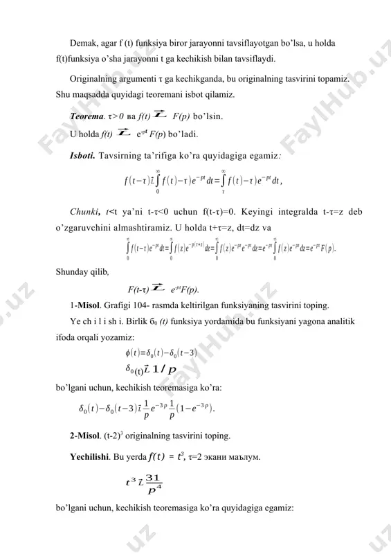 ) = f’ (0) = . . . = f (n-1)(0) = 0 bo’lsa, originalni har gal differensiallashga tasvirni r ga ko’paytirish mos kelishini ko’rsatadi. originallarni integrallash. f (р) f(t) originalning tasviri bo’lsin. originaldan olingan integralning tasvirini topish talab qilinadi. teorema. agar f(t)f (р) bo’lsa, u holda isboti. g(t) = funksiya original ekanini ko’rsatish mumkin. uning tasviri ф (p) bo’lsin: g(t) ф (р). (22) bo’lgani uchun (20) formulalarning birinchisiga ko’ra quyidagiga egamiz: g’ (t) pф(p). biroq demak, f(p)=pф(p) bu yerdan ф(р) ya’ni (22) munosabat original ni integrallash operatsiyasi tasvir ustida algebraik amal bajarishga, chunonchi, uni p ga bo’lishga mos kelishini bildiradi. originallar va ularning tasvirlari jadvali ba’zi originallar va ularning tasvirlari jadvalini keltiramiz. № original f(t) tasvir izoh i. ii. iii. iv. sinωt v. cosωt vi. shωt vii. chωt viii. e-αtsinωt ix. e-αtcosωt x. tn xi. e-αt tn xii. eαt tn xiii. tsinωt formula isbotsiz keltirilgan xiv. tcosωt formula isbotsiz …
