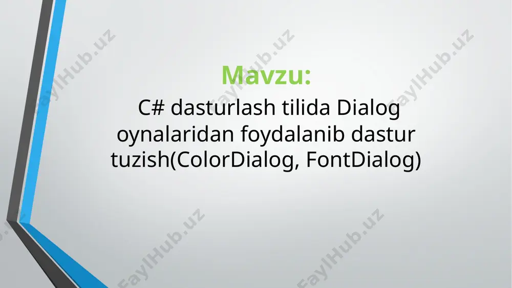 i marta bosamiz va quyidagi kodni yozamiz: fayl ochish va saqlash. savefiledialog elementini qo’shamiz va quyidagi parametrlarni to’g’rilaymiz biz rtf fayllar ustida ishlamoqchimiz rtf text fayllar uchun mahsus format fayl ochish va saqlash. richtextbox ga fayl ochish uchun openfiledialog dan foydalanamiz fayl ochish va saqlash. menuda fayl-> ochish nu ustiga ikki marta bosamiz va quyidagi kodni yozamiz: fayl ochish va saqlash. biror kishi rtf dan boshqa formatdagi faylni ochaman desa dasturimiz xato bermasligi uchun xatolikni to’g’rilashga xarakat qilamiz. matn shriftini o’zgartirish tahrirlash menusiga yangi shrift degan punkt qo’shamiz tahrirlash->shrift ustiga bosilganda quyidagi kod yoziladi: matn rangini o’zgartirish tahrirlash menusiga yangi color degan punkt qo’shamiz tahrirlash->color ustiga bosilganda quyidagi kod yoziladi: fon rangini o’zgartirish tahrirlash menusiga fon punkti kiritiladi. fon ustiga 2 marta chertib quyidagi kodni yozamiz: e’tiboringiz uchun rahmat. image2.png image3.png image4.png image5.png image6.png image7.png image8.png image9.png image10.png image11.png image12.png image13.png image14.png image15.png image16.png image17.png image18.png image19.png image20.png image21.png image22.png …