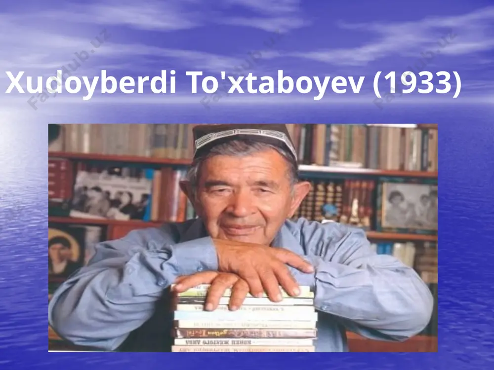 amlakatida» (1986), 8.«mungli ko‘zlar 9.«sir ochildi» (1964) 10.«omonboy va davronboy sarguzashti» 11.«jannati odamlar» (1996), 12.«shoshqaloq» 13«so‘qmoqlar» va boshq. asarlari «sehrli qalpoqcha» . «sariq devni minib» .«sariq devning o‘limi» «besh bolali yigitcha» (1976) «yillar va yo‘llar» (1983) .«sehrgarlar jangi yoki shirin qovunlar mamlakatida» .«sir ochildi» (1964) « jannati odamlar» (1996) .«shoshqaloq» «qasoskorning oltin boshi» (1981) «omonboy va davronboy sarguzashti» «so‘qmoqlar» xozirda xudoyberdi to’xtaboyev “o’yla, izla, top.” teleko’rsatuvida hakamlik qiladi. foydalanilgan internet saytlari ziyouz.com ziyonet.uz uzwikipedia.com google.com yandex.ru foydalanilgan internet saytlari ziyouz.com ziyonet.uz uzwikipedia.com google.com yandex.ru adabiyotga e’tibor - ma’naviyatga, kelajakka e’tibor. i. a. karimov foydalanilgan adabiyotlar e’tiboringiz uchun rahmat image3.png image4.png image5.jpeg image6.jpeg image7.jpeg image8.jpeg image1.jpeg image2.jpeg /docprops/thumbnail.jpeg