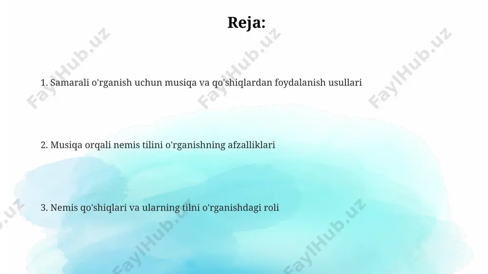 atik tuzilmalarni o'rganishda, masalan, fe'l zamonlarini o'zlashtirishda, yordam beradi va bu jarayonni qiziqarli qiladi. qo'shiqlar orqali yangi so'zlar va iboralarni takrorlash 20-30% ga samaradorligini oshirishi mumkin, chunki musiqa xotiraga ta'sirini kuchaytiradi. o'rtacha 3-5 daqiqalik qo'shiqda 10-15 ta yangi so'z va iborani samarali o'rganish mumkin, agar ular qo'shiq matnida takrorlansa. nemis qo'shiqlarini kuylash va talaffuzni yaxshilash qo'shiqlar orqali talaffuzni mashq qilish, intonatsiya va urg'ularni to'g'ri qo'llashni o'rganishga yordam beradi, bu esa sizning tushunarliligingizni 20% ga oshiradi. nemis qo'shiqlarini kuylash orqali siz 3000 dan ortiq yangi so'z va iboralarni o'rganishingiz mumkin, bu esa lug'atingizni boyitadi va nutqingizni takomillashtiradi. har kuni 15 daqiqa qo'shiq kuylash, eshitish va takrorlash orqali grammatika qoidalarini va so'zlarning to'g'ri qo'llanilishini yaxshiroq o'zlashtirasiz. e'tiboringiz uchun rahmat @taqdimot_robot image1.png