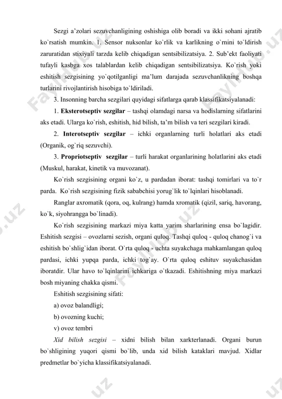 xid bilish, ta’m bilish, kinetik va teri tuyush kabi idrok turlari mavjud. boshqa klassifikatsiyasi asosida materiyaning mavjud bo`lishi yotib – u vaqtni idrok etish, fazoni, xatti – harakatni idrok etish turlariga bo`linadi. fazoni idrok qilish - forma, kattalik, ob’ektlarni joylashishi, ularning re’lefi va yo`nalganligini idrok etishda ifodalanadi. fazoni idrok etish kuchini, teri tuyush va muskul harakat organlari asosida yuzaga keladi. vaqt idrok etish – ob’ektiv vaqtni, uning tezligi va ritmini aks etishidir. harakatni idrok etish - ob’ektiv fazodagi joylashishi va o`zgarishini aks etishi bo`lib, bunda ko`rinishi va kinetik analizator muhim ahamiyatga ega. idrokning sifati bu tezligi, aniqligi va to`laligi. idrokning sifati tashqi omillarga bog`liq bo`lib, bunga narsa va hodisalarni sifat, turgan joyi, organi faktorlarga – sezgi organlari va nerv sistemasining holati, sub’ektiv faktorlar – bilim, tasavvur, qiziqish va tafakkur rivojlanishi bilan bog`liq. idrokning o`ziga xos xususiyatlari quyidagilardan iboratdir: a) predmetliligi b) yaxlitliligi v) strukturaliligi g) konstantligi d) mantiqiyligi e) tanlanganligi …