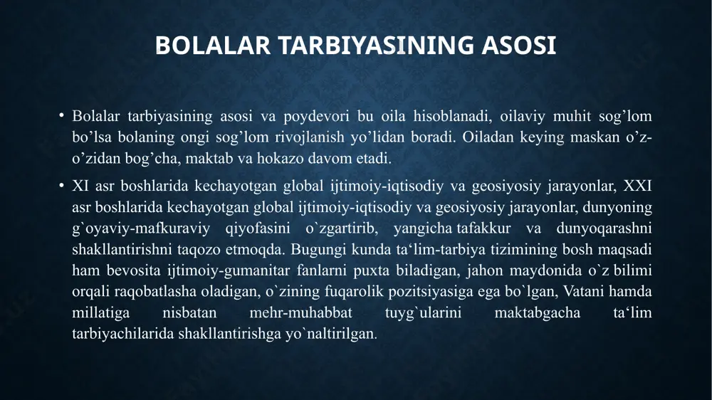 urlari uning shaxsiy qobiliyatlarini, xususiyatlarini va atrofdagi narsalarga munosabatini shakllantirishning asosi hisoblanadi. ilk yoshdagi bolaning kattalar bilan muomalasining (hissiy va hissiy-predmetli muomalasining) eng oddiy turlari unda ta'surotlarga bo‘lgan ehtiyojini rivojlantiradi, tasavvurlarini shakllantiradi. yangi harakat usullarini egallab borgan sayin bolalarning faolligi oshib boradi. biroq faollik darajasi, uning rivojlanishi irsiy jihatdan shart qilib qo‘yilgan zaminga, taqlid qilishga ham bog‘liq bo‘ladi. hayotning dastlabki yillarida kattalar bilan muomala qilishni va buyumlar bilan ish olib borishni o‘z ichiga oladigan yo‘l-yo‘riq tadqiqot faoliyati bolalar faoliyatining asosiy turlari bo‘ladi. tarbiyachilar bolalar bilan muomalada bo‘lar ekanlar, ularni buyumlar dunyosiga olib kiradilar. shunday yul bilan bolalar o‘ziga xos buyumlar bilan bog‘liq faoliyatni egallaydilar. bunda muomalaning o‘zi bola uchun zarur ehtiyojga aylanadi. yosh avlodni vatanparvar qilib tarbiyalash, yurtimiz kelajagining jajji vatan himoyachilari bugungi kun yurtimiz o‘g‘lonlari buyuk bobokalonimiz izdoshi bo‘lib kelmoqda. ulug‘ ajdodlarimizning ma'naviy olami xususida fikr yuritganda, butun dunyoga ma'lum va mashhur bo‘lgan sohibqiron amir temur bobomiz haqida alohida …