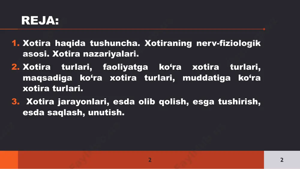 axolash mumkin. “ bu nazariyalarni xotira jarayonlarining shakllanganida insonning faolligi qanday rol o’ynashligi va bunda faollikning mohiyatiga qanday yondoshuv zarurligi bilan baxolash mumkin. nazariyaning birinchi guruhi assotsiativ nazariya deb yuritiladi. bu nazariyaga ko’ra, muayyan psixik hosilalar ongda bir vaqtning o’zida yoki bevosita birin-ketin paydo bo’lsa, u holda hosilalar o’rtasida assotsiativ bog’lanishlar tarkib topadi va bu bog’lanishlarni biron bir qismi takroran paydo bo’lishi ongda uning barcha elementlari muqarrar ravishda gavdalanishiga olib keladi. assotsiatsiyalar uch turli boladi:o’xshashlik, yondoshlik vaqarama – qarama-qarshilik assotsiatsiyalari. “ 9 “ 10 “ xotira turlari xotira inson hayoti va faoliyatining barcha sohalarida qatnashishi tufayli uning namoyon bo’lish shakllari ham nihoyat darajada har xildir. xotiraning har xil turlari uch xil mezon asosida turlarga bo’linadi (birlashtiriladi). 1. ko’proq faoliyatda korinadigan psixik aktivlik xarakteriga ko’ra. 2. faoliyat maqsadi xarakteriga ko’ra. 3. materialni qancha esda olib qolish va esda saqlash muddatiga qarab. xotiradagi individual farqlar xotira jarayonlaridagi individual farqlar esda qoldirishning tezligida, …