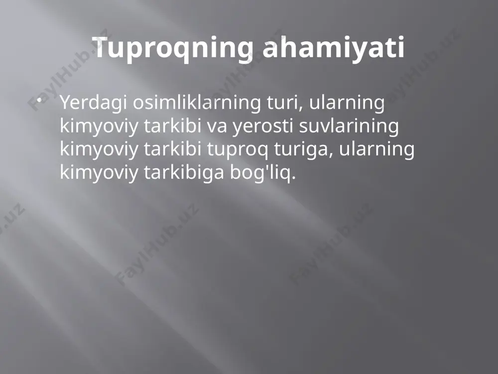 3 turga bo'linadi: kuchli, o rtacha, kuchsiz, mikroblar faoliyatida mexanik ta'sirdan tashqari, tuproq- ning harorati ham katta ahamiyatga ega bo'ladi. aholi yasha- maydigan joylarda tuproq saprofitlarga boy bo'ladi. spora hosil qilmaydigan patogen mikroblar, asosan, odamlar najasi, murdalar, hayvon chiqindilari, oqava suvlar tushadigan tuproglarda ko'p uchraydi. bunday mikroblar tuproqda o'ziga qulay sharoit topa olmagani tufayli (noqulay harorat, kam namlik, tuproqdagi mikroorganizmlarning antagonistik ta`siri va boshqalar) qirilib ketadi yoki o'zining virulentligini o'zgtiradi kuydirgi tayoqchalari tuproqqa shu kasallik bilan og'rigan hayvonlarning ajratmalari, o'limtiklar, shuningdek, teri-kon zavodlari hamda jun yuvadigan joylardan chiqadigan oqava suvlardan tushishi mumkin. kuydirgi bakteriyalarining sporalari tuproqda o'n yillab yashaydi. kuydirgi sporasi bilan ifloslangan o'tni yegan qoramolga kuydirgi yuqishi mumkin kasallik qo'zgatuvchi gijfalar (gelmintozlar) ko'pincha o'z rivojlanish bosqichlarini tuproqda o'tkazadi, bunda tuxum voyaga yetadi. odam ichidagi bir dona urg'ochi askarida 24000 gacha tuxum qo'yishi va ular keyinchalik najas bilan tashqariga chiqishi mumkin. yer sathida askarida tuxumi namgarchilik bo'lmaganda, quyosh nuri ta'sirida …