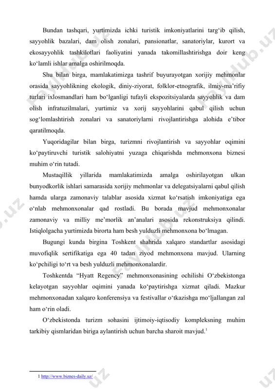 o‘zbekistonda turizm sohasini ijtimoiy-iqtisodiy kompleksning muhim tarkibiy qismlaridan biriga aylantirish uchun barcha sharoit mavjud. ushbu soha yangi ish o‘rinlari yaratish, aholi farovonligini oshirish, valyuta va soliq tushumlari ko‘payishida muhim o‘rin tutmoqda. umuman olganda, yuqorida ta’kidlanganidek, o‘zbekistonning turizm salohiyati turli tarixiy obidalar, bino, inshoot va boshqa joylarning hozirgi ahvolining qay holatda bo‘layotganligini aks ettiradi (23-rasm). 23-rasm. o‘zbekistoning turizm salohiyati tarkibi rasmga asosan, 9 ta turizm salohiyatini aks ettiruvchi salohiyat tarkibi keltirilgan. ular rivojlanib bormoqda. chunki, turizm sohasida chet ellik sheriklar bilan hamkorlikni kengaytirish uchun ham qulay shart-sharoitlar yaratilgan. aniqroq qilib aytganda, mamlakatimizdagi faqatgina tarixiy, madaniy va arxeologik ahamiyatga ega bo‘lgan obyektlar soni 4,0 mingdan oshadi. ulardan 545 tasi me’moriy, 575 tasi tarixiy, 1457 tasi san’at va 550 tasi arxeologik obidalardir. xususan, turizm obyektlari xivada 310 ta obyekt, buxoroda 221 ta obyekt, toshkent shahrida 144 ta, samarqandda 118 ta va jizzax viloyatida 372 ta obyekt bor. shuningdek, 12 ta tabiiy qo‘riqxona, 16 …