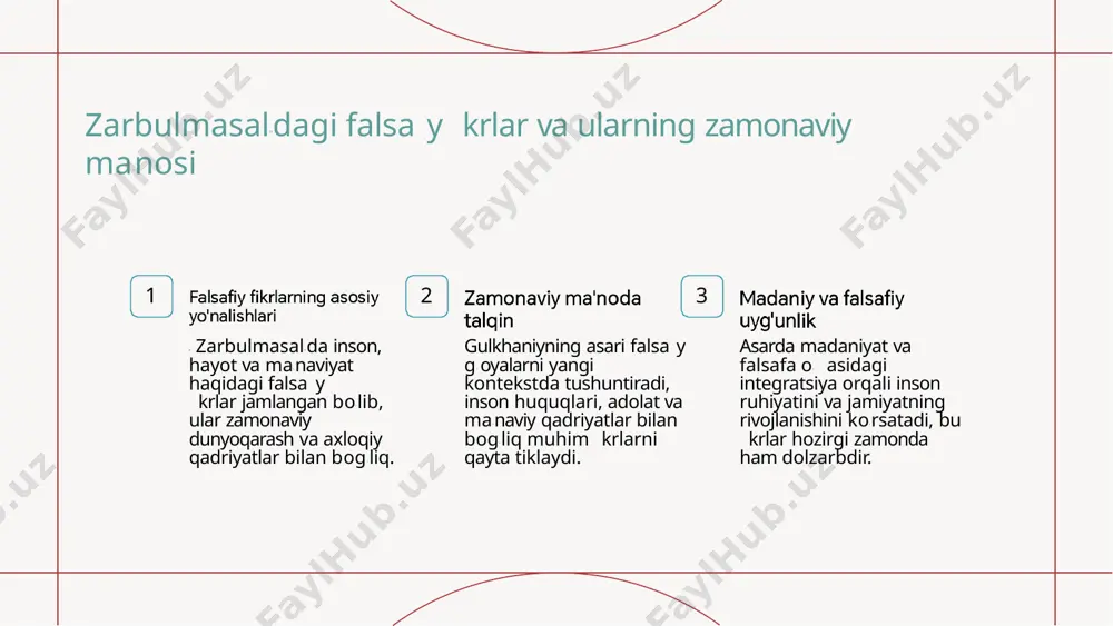 ib, ular orqali muallif hayot va ma' no haqidagi qarashlarini ifodalaydi. badiiy uslublar va falsa y mazmunda chuqur uyg‘unlik bor, ular san' at va ma' naviyatni birlashtirib, o' quvchiga keng kr doirasini ochadi. asarda san' at uslublari bilan falsa y krlar o' zaro integratsiyalashgan, bu esa asarga chuqur ma' naviy va estetik qirralar beradi, krni kuchaytiradi. asarning badiiy uslubi orqali falsa y krlarni ifodalash usullari 1 gulxaniyning " zarbulmasal" dagi badiiy uslublari, ramzlar va obrazlar orqali falsa y krlarni ifodalashda muhim rol o' ynaydi, ularning estetik va ma' naviy ta' siri kuchli. 2 asarda metafora va simbolik elementlar falsa y g' oyalarni kengroq tushunishga yordam beradi. bu usullar bilan muallif murakkab krlarni oddiy va ta' sirli tarzda ifodalaydi. 3 badiiy asarda ritm va musiqiylik usullari, so' zlarning ohangi va tarzini ta' minlab, kr va falsa y mazmunni tinglovchiga chuqurroq yetkazadi. 4 gulxaniyning hikoya va aforizmlar orqali ifoda etish usullari, qisqa …