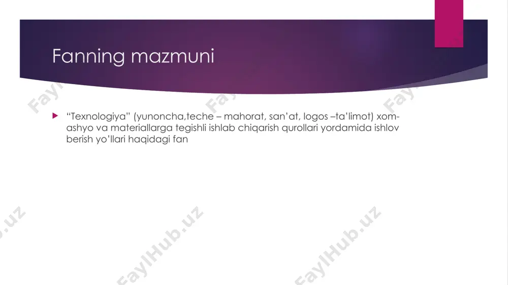 ivojlanuvchanlik va izchillik tamoyili 6. faollik va qiziqish uyg‘otish 7. hayotiylik va amaliy yo‘nalishlilik texnologiya o‘qitish metodikasi fanining nazariy va amaliy asoslari texnologiya o‘qitish metodikasi – o‘quvchilarga texnologik bilimlarni yetkazish, mehnat ko‘nikmalarini shakllantirish va ijodiy tafakkurini rivojlantirish usullarini o‘rganadigan fan. ushbu fan nazariy va amaliy asoslarga tayanadi. texnologiya o‘qitish metodikasining nazariy asoslari ✅ 1. pedagogik asoslar ta’limning ilmiyligi – o‘quvchilarga beriladigan texnologik bilimlar zamonaviy fan yutuqlariga asoslangan bo‘lishi kerak. didaktik tamoyillar – ta’limning tushunarliligi, ketma-ketligi, faolligi va mustahkamligi. o‘quvchilarning yosh xususiyatlari – boshlang‘ich, o‘rta va yuqori sinflar uchun turli yondashuvlar. kasbga yo‘naltirish – o‘quvchilarga kasblar haqida tushuncha berish va qiziqishini oshirish. 2. psixologik asoslar 3.texnologik asoslar texnologiya o‘qitish metodikasining amaliy asoslari nazariy bilimlarni amaliyotda qo‘llash texnologiya o‘qitishning asosiy maqsadlaridan biridir. amaliy asoslar quyidagi yo‘nalishlarni qamrab oladi: 1. o‘qitish metodlar 2.amaliy mashg‘ulotlar 3.o‘qitish vositalari va jihozlari texnologiya o‘qitish jarayonini tashkil etish o‘quvchilarning texnologik bilimlarini samarali shakllantirish uchun quyidagi tamoyillarga amal qilish …