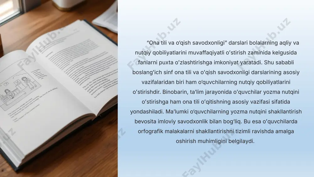 turlari eslatma diktant o'quvchilar avval eshitgan matnni eslab yozadilar. lug'at diktanti ma'lum bir mavzuga oid so'zlar yoki murakkab imloli so'zlar yoziladi. izohli diktant o'quvchilar matnni yozishdan oldin yoki keyin undagi imlo qoidalarini izohlaydilar. erkin diktant matn o'qilgandan so'ng, o'quvchilar uni o'z so'zlari bilan, mazmunini saqlagan holda yozadilar. tanlov diktanti o'quvchilar berilgan matndan ma'lum bir grammatik qoidaga oid so'zlarni tanlab yozadilar. tekshiruv diktanti o'quvchilarning ma'lum bir mavzu bo'yicha bilimlari va ko'nikmalarini tekshirish uchun o'tkaziladi. 7 diktantni tashkil etish bosqichlari matnni tanlash diktant uchun o'quvchilarning yoshiga va o'tilgan mavzularga mos keladigan matn tanlanadi. matnni o'qish o'qituvchi matnni butunlay, aniq va ravshan qilib o'qiydi. matnni tahlil qilish matndagi qiyin so'zlar, imlo qoidalari va punktuatsiyalar oldindan tahlil qilinadi va tushuntiriladi. diktant o'tkazish matn bo'laklarga bo'lib, har bir gap ikki marta o'qiladi va o'quvchilarga yozish uchun yetarli vaqt beriladi. xatolarni tahlil qilish diktant tugagandan so'ng, o'quvchilarning ishlari tekshiriladi va yo'l qo'yilgan xatolar birgalikda tahlil qilinadi. …