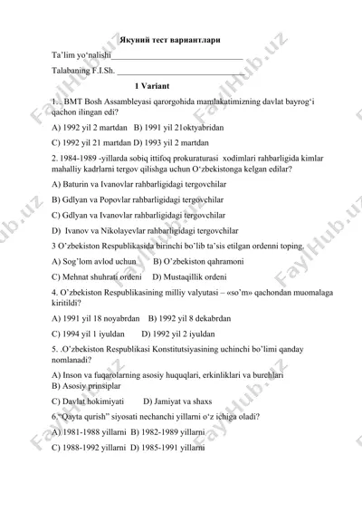 yakuniy test variantlari — DOCX