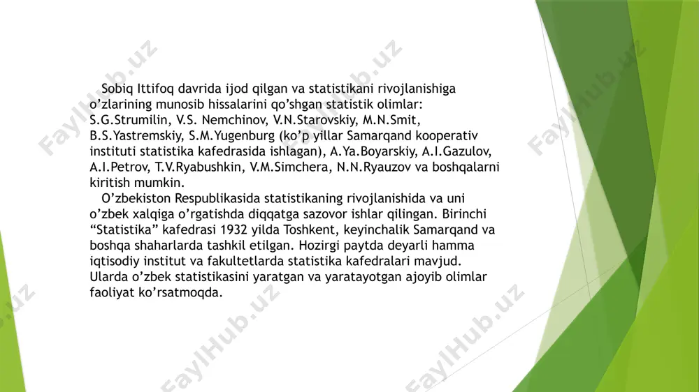 yig’indisi tushuniladi; statistika deganda raqamli ma’lumotlarni to’plash va interpretatsiya (izohlash, talqin qilish) metodlarini o’rgatuvchi fan tushuniladi va h.k. statistikaning o’rganish ob’ekti insoniyat hayotida ro’y beradigan barcha ommaviy voqea va hodisalardir. shunday qilib statistika nimani o’rgatadi degan savolga, bizning fikrimizcha, quyidagicha javob berish mumkin. statistikaning o’rganish ob’ekti insoniyat hayotida ro’y beradigan barcha ommaviy voqea va hodisalardir, predmeti esa shu ommaviy voqea va hodisalarni miqdoriy tomonlarini o’rganuvchi, aniq sharoit va vaqtda hodisalarning rivojlanish qonuniyatlarini o’rgatuvchi metodlar yig’indisidir. statistik qonuniyatlar asosida ichki va tashqi sabablarning murakkab qo’shilmasi va o’zaro ta’siri yotadi. shu sababli statistik qonuniyatlar alohida olingan birlikda emas, balki barcha birliklarni o’zida qamrab olgan to’plamlarda namoyon bo’ladi. bu yerda ulkan sonlar qonuni amal qiladi. bu qonunning mohiyati shundaki, hodisalar to’plami qanchalik ko’proq unsurlardan tashkil topgan bo’lsa, unda alohida, tasodifiy sabablar bilan bog’liq bo’lgan o’zgaruvchanliklar shunchalik to’laroq va oqibat natijasida hodisalarning zaruriy bog’lanishi va izchilligining umumiy qonuniyatlari aniqroq namoyon bo’ladi. yuqoridagilardan kelib chiqib, …