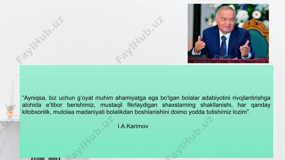 ya; xalqona ohang va jonli so‘zlashuv tilidan foydalanib, xalq og‘zaki ijodi bilan uzviylikda namoyon bo‘ladi. bolalar adabiyoti easy to change colors, photos and text. get a modern powerpoint presentation that is beautifully designed. easy to change colors, photos and text. get a modern powerpoint presentation that is beautifully designed. easy to change colors, photos and text. get a modern powerpoint presentation that is beautifully designed. easy to change colors, photos and text. get a modern powerpoint presentation that is beautifully designed. o‘zbek bolalar adabiyoti xx asrning 20-30-yillarida to‘liq shakllanib, umumadabiyotning alohida tarmog‘i sifatida maxsus yo‘nalish kasb etadi. bunda abdulla avloniy, hamza hakimzoda niyoziy singari ilk namoyandalari, shokir sulaymon, g‘ayratiy, dorjiya oppoqova, g‘ulom zafariy, elbek, hamid olimjon, g‘afur g‘ulom, ilyos muslim, zafar diyor, sulton jo‘ra, qudrat hikmat, quddus muhammadiy, shukur sa’dulla, hakim nazir, po‘lat mo‘min kabi professional yozuvchi-shoirlar o`z ijodi orqali sohaning shakllanishi va taraqqiyot xususiyatlarini belgilay oladi. natijada, bolalar she’riyati, …