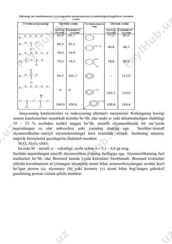 x = 3,1 – 6,0 ga teng. seolitda taqsimlangan amorfli alyumosilikat o‘zining faolligiga ega. alyumosilikatning faol markazlari bo‘lib, ular brensted hamda lyuis kislotalari hisoblanadi. brensted kislotalari sifatida koordinatsion to‘yinmagan alyuminiy atomi bilan xemosorbsiyalangan suvdan hosil bo‘lgan proton (a), alyuminiy (b) yoki kremniy (v) atomi bilan bog‘langan gidroksil guruhining protoni xizmat qilishi mumkin: quyidagi turdagi tuzilishlar aproton kislotali markazlar bo‘lishi mumkin: protonli kislotalikning aprotonligiga o‘tishi quyidagi sxema bilan ifoda etilishi mumkin: protondonor markazlar eng katta ahamiyatga ega, chunki to‘liq degidratlangan alyumosilikat deyarli faol emas. seolit saqlagan alyumosilikatli katalizatorlarda metall kationining roli ehtimol protonning harakatchanligini va brensted kislotali markazlarning qo‘shimcha miqdorini hosil qilishdan iboratdir: shu sababli seolit saqlagan katalizatorlarda reaksiyaning tezligi amorf katalizatordagiga qaraganda 2–3 daraja yuqori bo‘ladi. shu bilan birga seolit saqlagan katalizatorlar sof seolitlarga qaraganda yuqoriroq termik va mexanik barqarorlikka ega bo‘ladi. karbokationli nazariyasining sifat tomoni ko‘pchilik tomonidan tan olingan. ammo unga asoslanib hatto individual moddalarning krekingida ham mahsulotning miqdoriy …