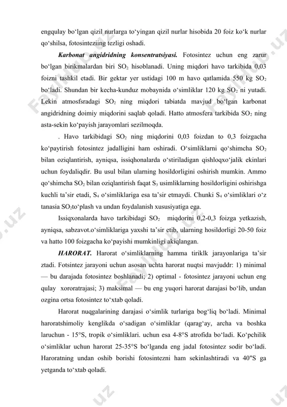 at о‘simliklarning hamma tiriklk jarayonlariga ta’sir ztadi. fotsintez jarayoni uchun asosan uchta harorat nuqtsi mavjuddr: 1) minimal — bu darajada fotosintez boshlanadi; 2) optimal - fotosintez jarayoni uchun eng qulay xororatrajasi; 3) maksimal — bu eng yuqori harorat darajasi bо‘lib, undan ozgina ortsa fotosintez tо‘xtab qoladi. harorat nuqgalarining darajasi о‘simlik turlariga bog‘liq bо‘ladi. minimal haroratshimoliy kenglikda о‘sadigan о‘simliklar (qarag‘ay, archa va boshka laruchun - 15°s, tropik о‘simliklari. uchun esa 4-8°s atrofida bо‘ladi. kо‘pchilik о‘simliklar uchun harorat 25-35°s bо‘lganda eng jadal fotosintez sodir bо‘ladi. haroratning undan oshib borishi fotosintezni ham sekinlashtiradi va 40"s ga yetganda tо‘xtab qoladi. harorat 45" s ga yetganda esa ayrim о‘simtiklar о‘la boshlaydi. ayrim chо‘l va adirlarda yashaydigan о‘simliklarda 58° s da xam fotosintez tuxtamay davom etadi. umuman, fotosintez jarayoniga yorug‘lik, so2 miqdori va harorat birgalikda murakkab aloqadorlikda ta’sir etadi. suv. fotosintez jarayonida suv juda katta omildir. chunki suv asosiy oksidativ substrat - xavoga ajralib chikadigan molekulyar …