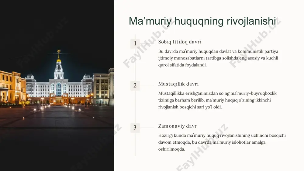 bgarlikning mavjudligi prinsipi huquqiy javobgarlik davlat organlari va mansabdor shaxslar qonun buzilishi uchun javobgar boʻlishlari lozim. ma'muriy javobgarlik maʼmuriy huquqbuzarliklar uchun tegishli javobgarlik choralari qoʻllanilishi kerak. jinoiy javobgarlik ogʻir huquqbuzarliklar uchun jinoiy javobgarlik nazarda tutilgan boʻlishi lozim. maʼmuriy huquqning r ivojlanish bosqichlari 1 sobiq it t ifoq davri bu davrda maʼmuriy huquq davlat va partiya manfaatlariga xizmat qiluvchi vosita sifatida qoʻllanilgan. 2 mustaqillikning dast labki yillari maʼmuriy huquqning huquqiy asoslari yaratildi, davlat boshqaruvi organlari tizimi shakllandi. 3 zamonaviy davr maʼmuriy islohotlar amalga oshirilmoqda, maʼmuriy huquq liberallashmoqda. maʼmuriy huquqning zamonaviy tendensiyalari 1 maʼmuriy sudlar maʼmuriy sudlarning tashkil etilishi maʼmuriy huquqning muhim yutuqlaridan biri hisoblanadi. 2 maʼmuriy tart ib-taomillar "maʼmuriy tartib-taomillar toʻgʻrisida"gi qonunning qabul qilinishi maʼmuriy huquqning rivojlanishida muhim qadam boʻldi. 3 davlat xizmati davlat fuqarolik xizmatining huquqiy asoslarining yaratilishi maʼmuriy huquqning zamonaviy yutuqlaridan biridir. maʼmuriy huquqning xalqaro tajribasi yevropa tajr ibasi yevropada maʼmuriy huquq uzoq tarixga ega va rivojlangan tizimga ega. …