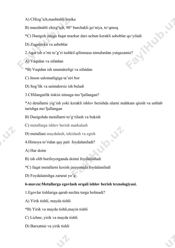 lar nimalarni bilishi shart? a) tunika va metal strukturasini bilishi kerak b) metalga qo’lda va mexanik ishlov berishni bilishi shart c) tunika va uning turlarini bilishi va asbob uskunalarni ishlatishni bilishi kerak *d) mеtall va uning qotishmalari xususiyatlarini bilishi, asbob-uskunalar hamdastanoklarni ishlatish ko‘nikmalariga ega bo‘lishi kеrak 2. 5mm dan qalin similar qanday tayyorlanadi? a) tolalov- 30 chi stanoklarda tayyorlanadi *b) maxsus stanoklarda prokatlash usulida olinadi c) mexanik usulda tayyorlanadi d) qo’l yordamida yasaladi 3. 5 mm dan nisbatan ingichka simlar qanday olinadi? *a) tolalov- 30 chi stanoklarda tayyorlanadi b) maxsus stanoklarda prokatlash usulida olinadi c) mexanik usulda tayyorlanadi d) qo’l yordamida yasaladi 4.o’zak sim deb qanday simga aytiladi? a) ko’ndalang kesimi diametri 7 mm gacha bo’lgan uzun metlga aytiladi b) ko’ndalang kesimi diametri 8.1 mm gacha bo’lgan uzun metlga aytiladi c) ko’ndalang kesimi diametri 8 mm gacha bo’lgan uzun metlga aytiladi d) ko’ndalang kesimi diametri 7.1 mm gacha bo’lgan uzun …